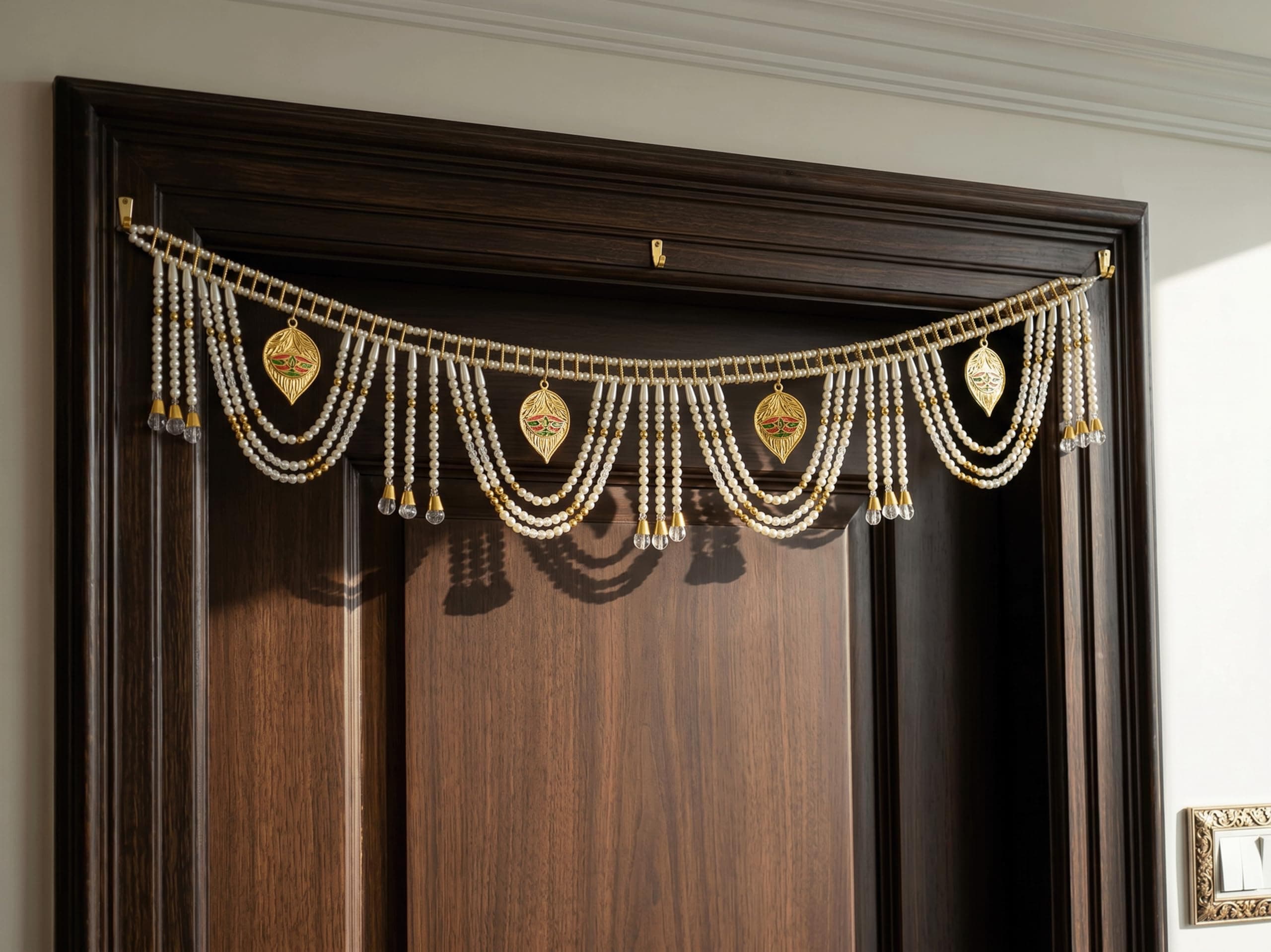 Pearl Beaded Door Toran 3 Feet | Decorative Golden Bandarwal for Home Entrance | Handmade Door Hanging for Diwali, Wedding, Pooja Mandir Decoration | Indian Traditional Festival Wall & Door Decor