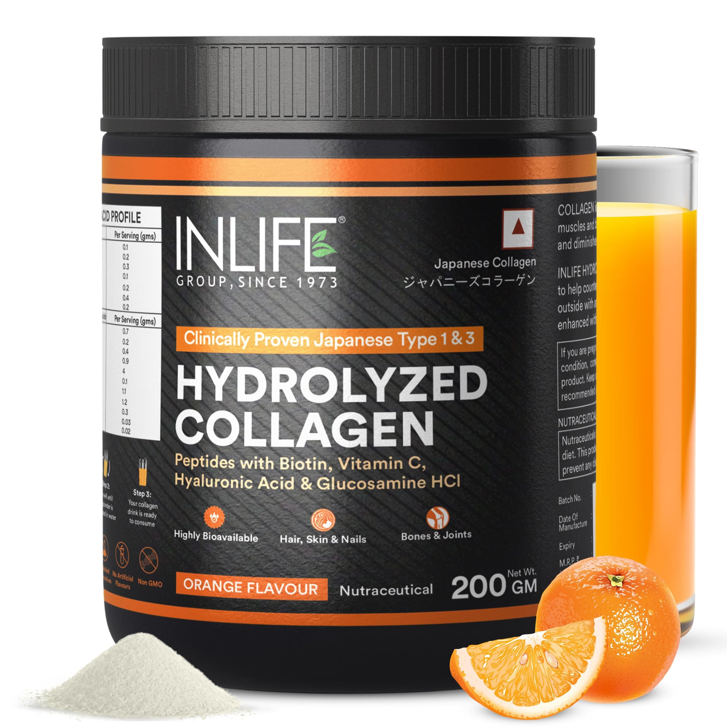 INLIFE Japanese Hydrolyzed Collagen Powder, Wellnex Type 1&3, Orange 200g | Wellnex Hydrolyzed Collagen Peptides Type 1&3, Glucosamine, Hyaluronic Acid, Vitamin C & Biotin, Skin Bones & Joint Support