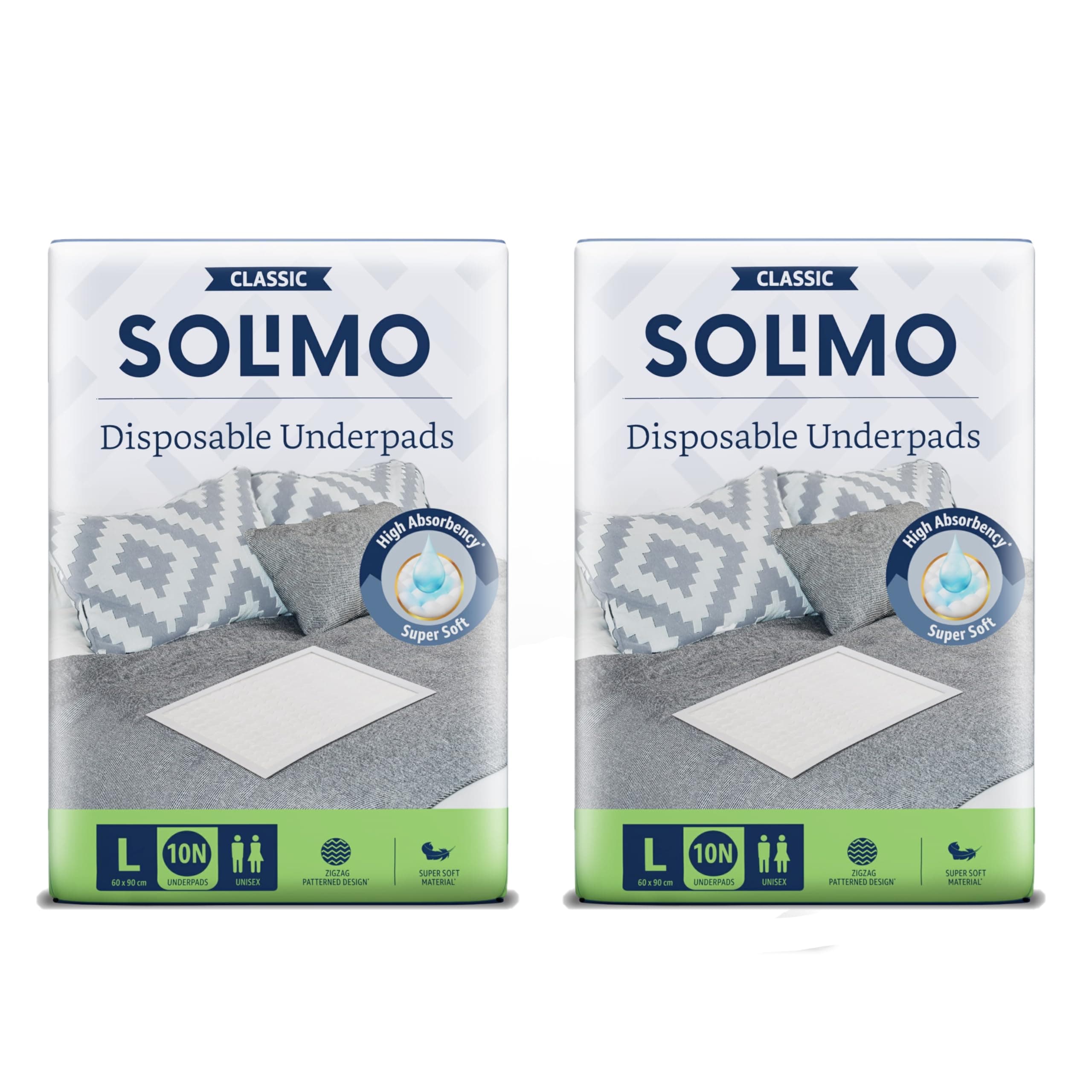 Amazon Brand - Solimo Classic Disposable Underpads | Large Size | Count 20 | 90 X 60 cm | High Absorbancy | Super Soft | Unisex | for Men & Women