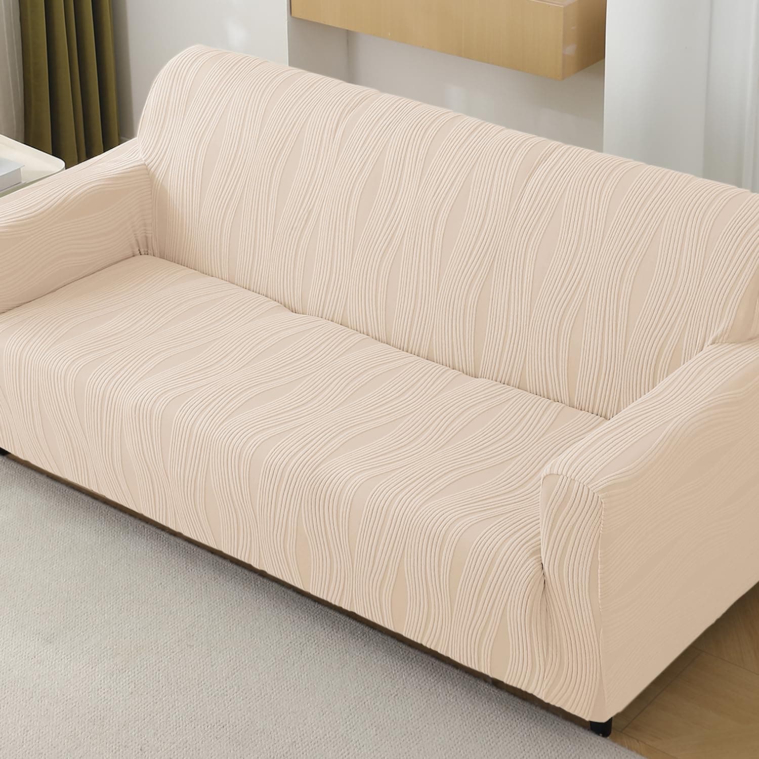 HOKIPO 200 GSM Premium Knitting Jacquard Sofa Cover 3 Seater Fully Covered, 'Nestiva Series' Skimmed Cream (NEW2-AR-5309-CRM)