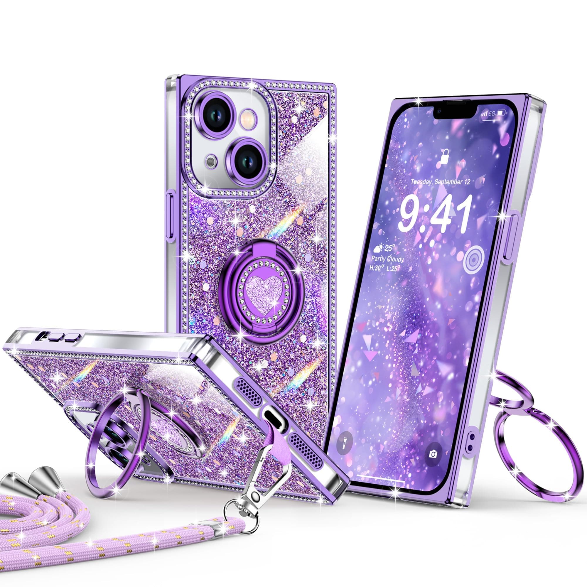 XYZ for iPhone 14 Back Cover Case, Glitter Bling Phone Cover with 2-Ring Heart Stand & Lanyard, Women Girls Luxury Rhinestone Shockproof Protective Case for iPhone 14, Purple