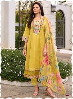 INDO ERA Women's Anarkali Pure Cotton Floral Printed Embroidered Kurta & Pant with Dupatta Set (IEOUT10688)
