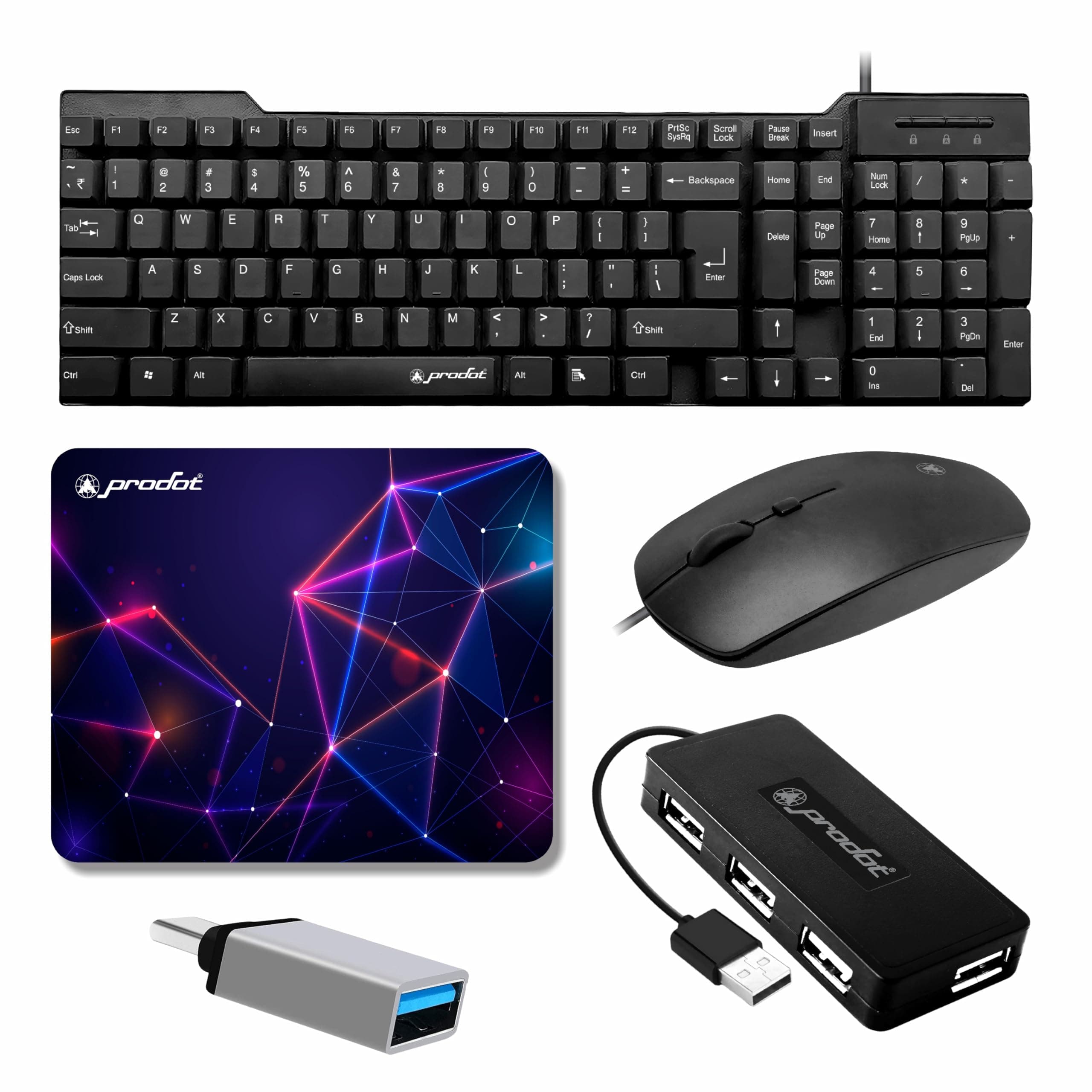 Prodot 5-in-1 Wired Combo Pack | Wired Keyboard + Palm Optical Mouse + 4 in1 Port USB Hub + USB Type-A to Type-C Converter + Anti-Slip Mouse Pad | for Laptop/Desktop Accessories