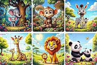 Fiddlys Single Layered Wooden Jigsaw Puzzle Games for Children & Kids -9 Pieces Age 2 3 4 5 6 Year Old Years Old Girls & Boys Animals Jigsaw Puzzle (Pack of 6 Wild Animal)