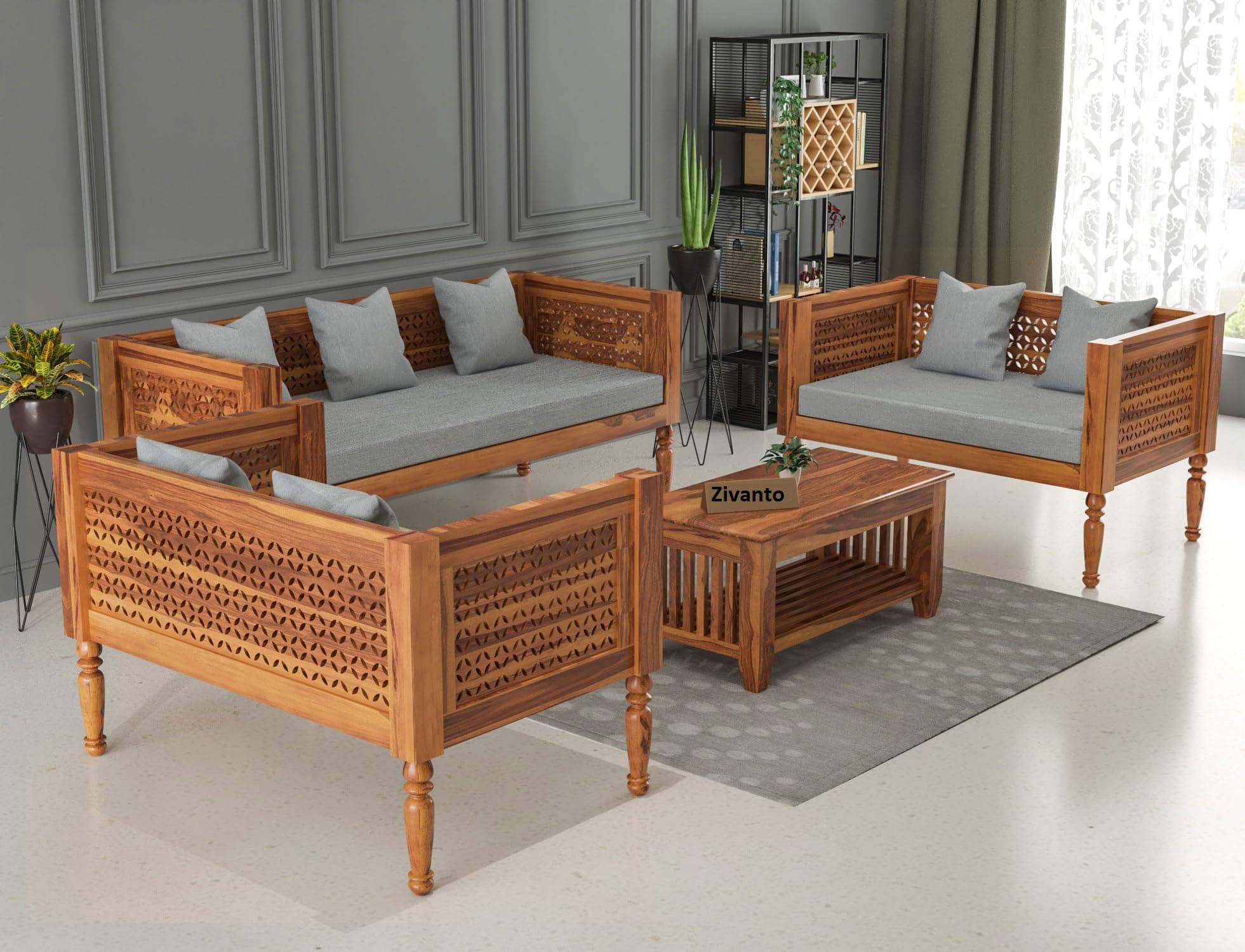 Zivanto Wooden 7 Seater Sofa Set for Living Room & Drawing Room | Solid Sheesham Wood Seven Seater Sofa Without Small Pillow | Cushion Color: Grey, Finish: Honey