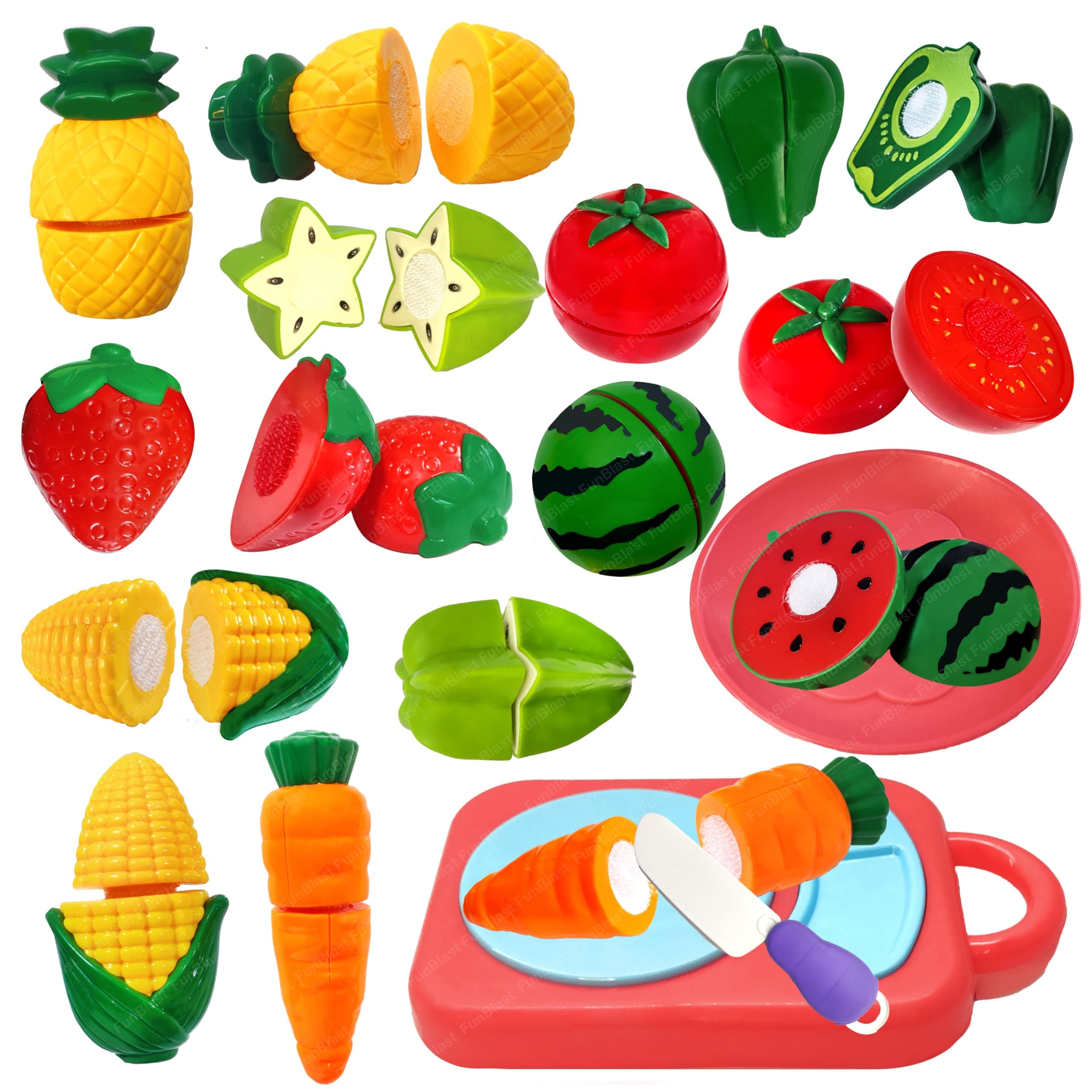 FunBlast Fruits and Vegetables Play Set Toys - 11 Pcs Realistic Sliceable Cutting Fruits and Vegetable Pretend Play Kitchen Toys for Kids, Play Food Toys with Chopping Board & Knife (Multicolor)