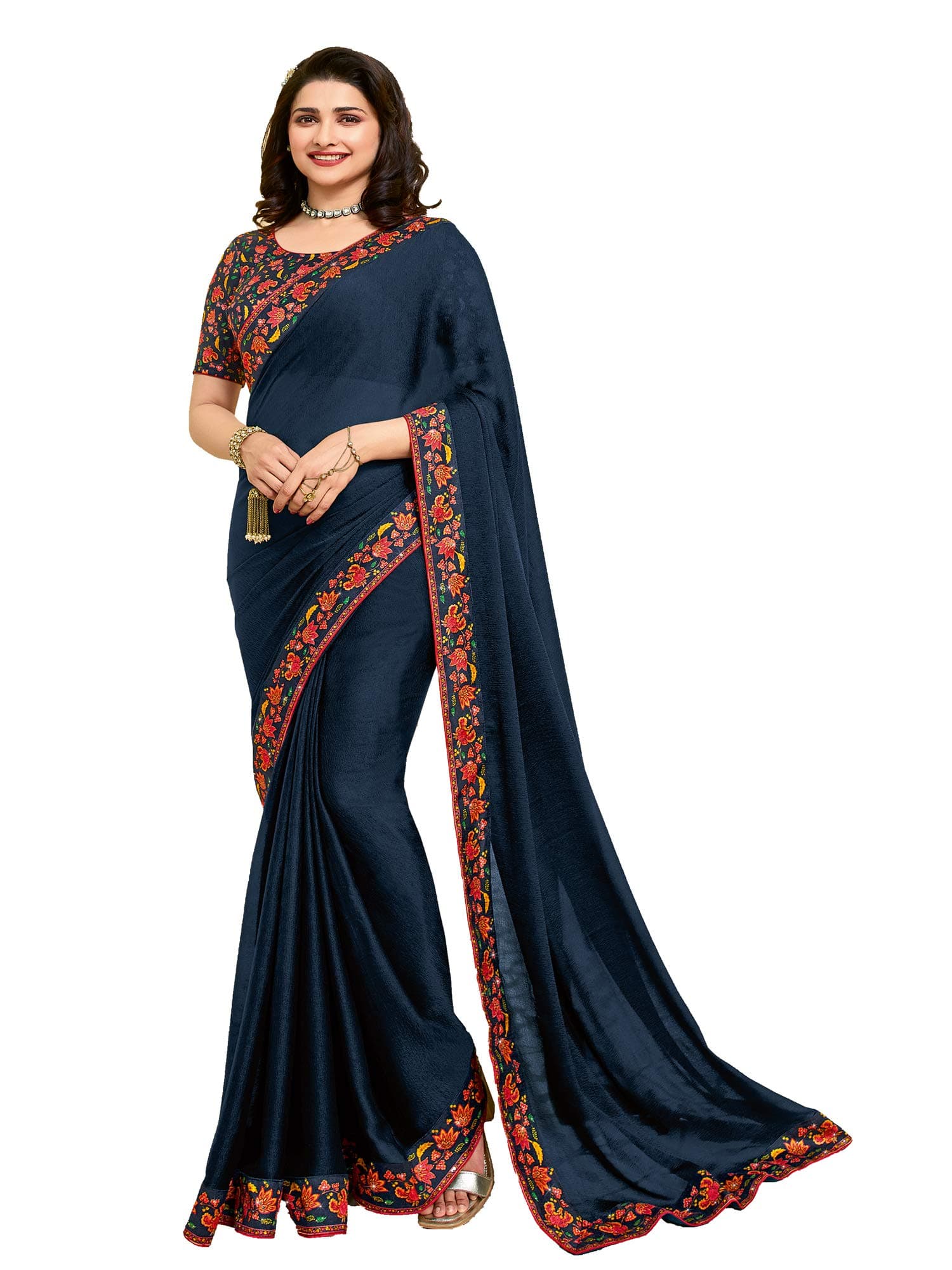 RAJESHWAR FASHION WITH RF Women's Latest Stylish Fancy Silk Saree For Women With Digital Print Border & Blouse (Multicolored)
