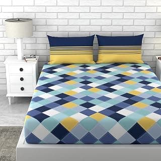 LORETO - A QUALITY LINEN BRAND 100% Cotton King Size Bedsheet with 2 Pillow Covers - Vivid Blue and Yellow Checkered, Soft & Breathable 144 TC Fabric, Perfect for King Beds