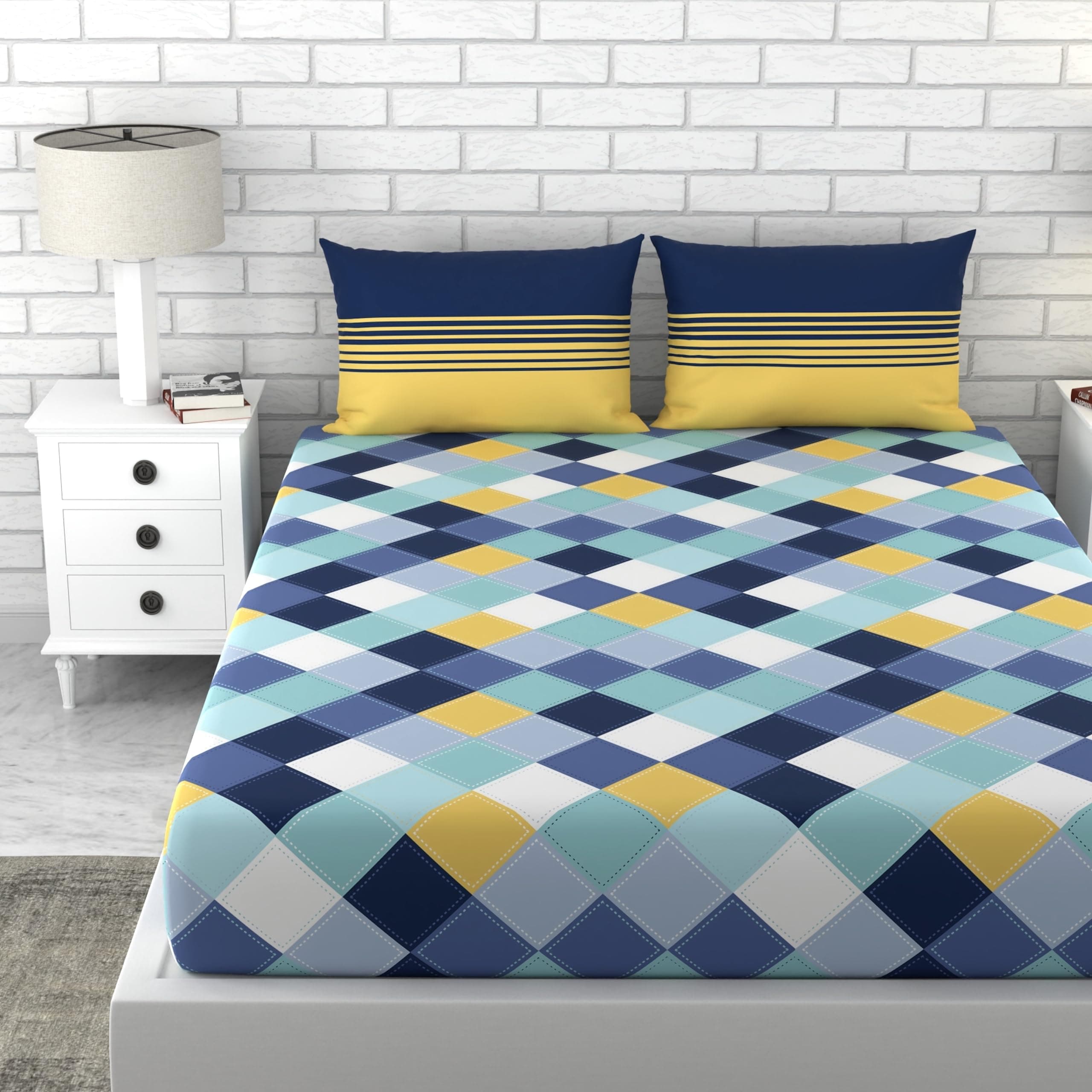 LORETO - A QUALITY LINEN BRAND 100% Cotton Bedsheet for Double Bed, 1 Double Bedsheet with 2 Pillow Covers | 144 TC Queen Size Double Bedsheet Cotton, Vivid Blue and Yellow Checkered