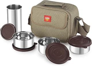 CELLO MF Fab Lunch Box with Bag for Office Use, Brown | 315 ml x 4 Stainless Steel Containers with 510 ml Steel Tumbler, Airtight Leak Proof Easy to Carry with Strap Tiffin Box for Travel & Daily Use