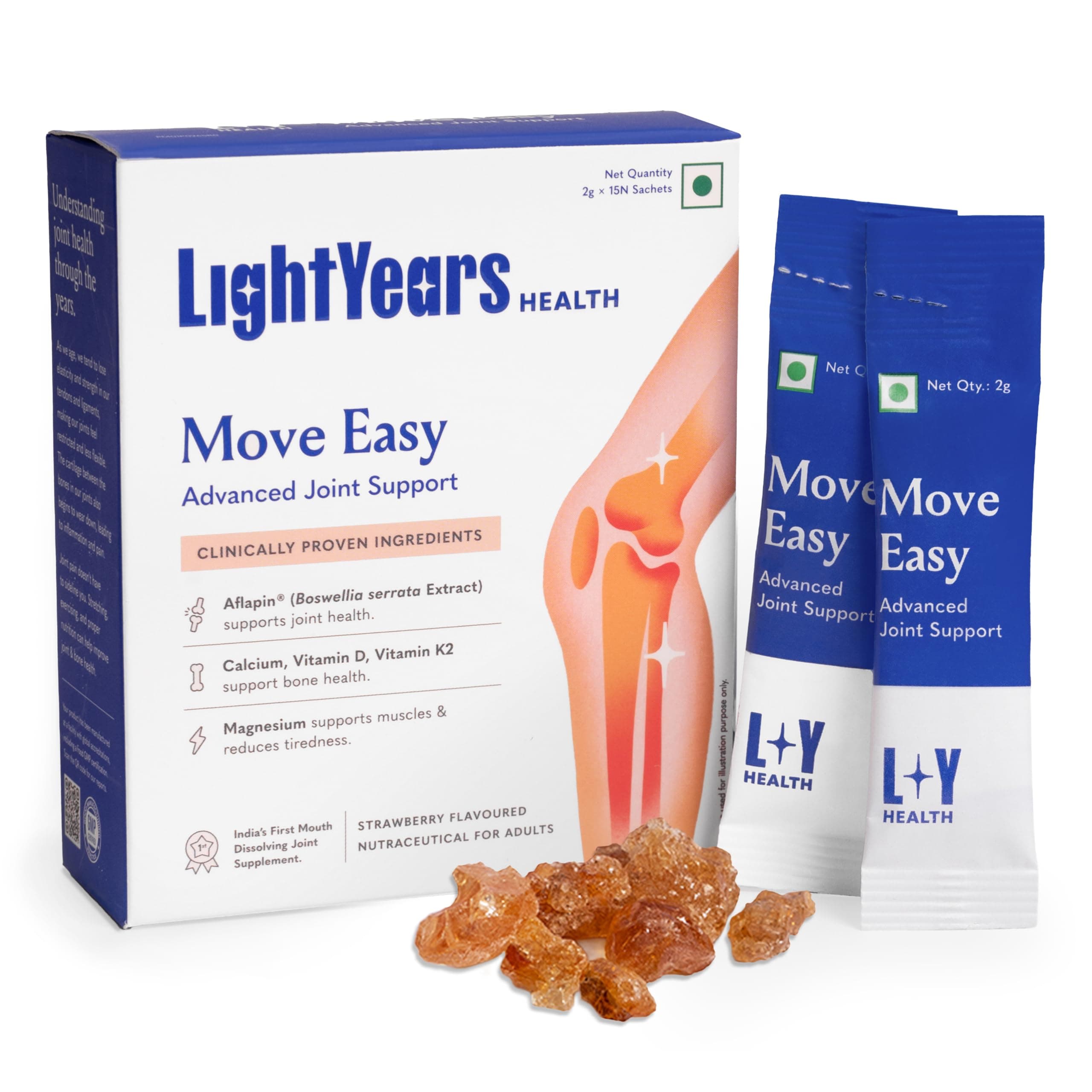 LightYears Move Easy | Advanced Joint Support Supplement | Clinically Proven Ingredients | Boswellia Serrata, Magnesium, Calcium, Vitamin D, Vitamin K2-7 | Mouth-Melting Powder | 15 Sachets