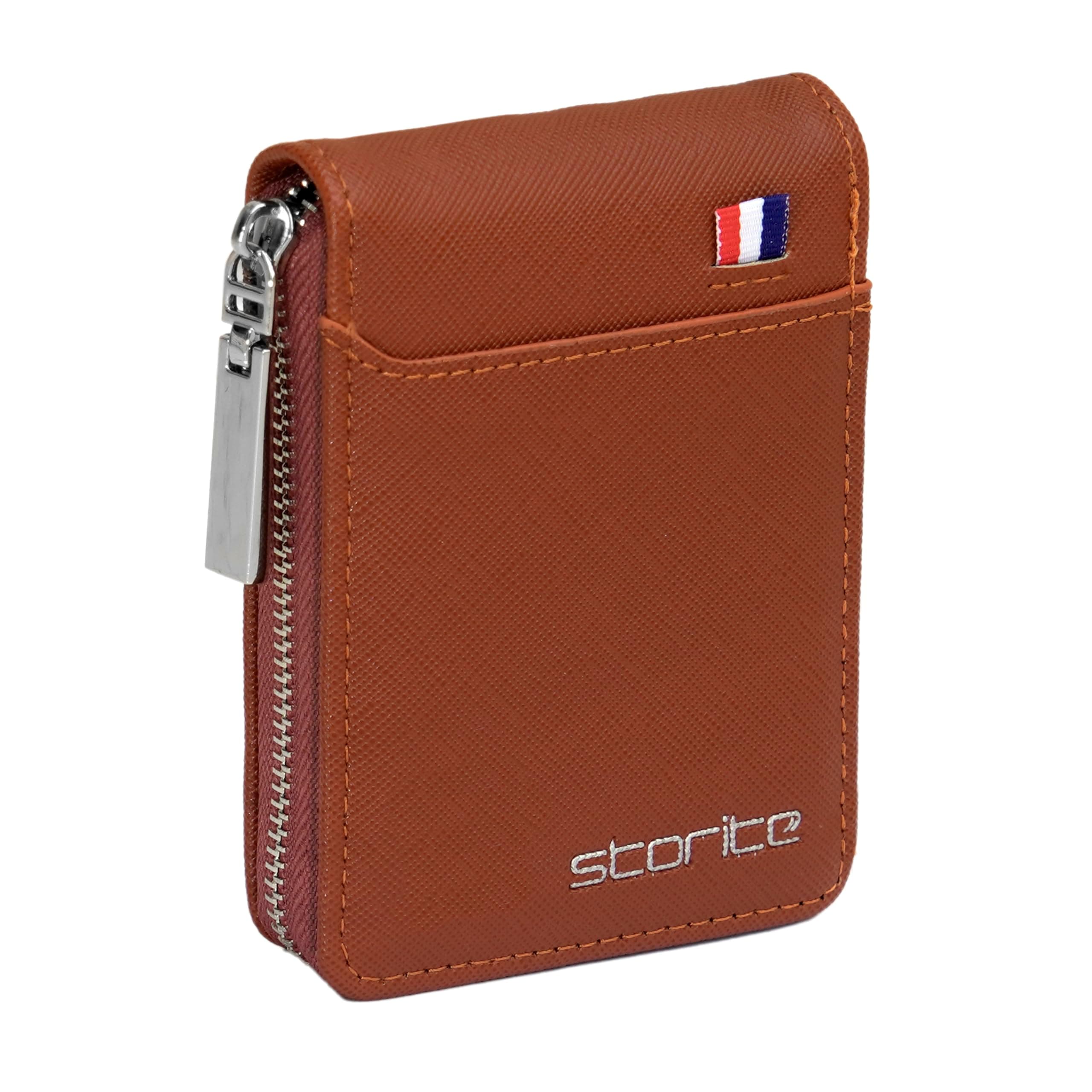 Storite PU Leather 9 Slot Vertical Credit Debit Card Holder Money Wallet Zipper Coin Purse for Men Women - Lightbrown (11.5 x 1.75 x 8 cm)