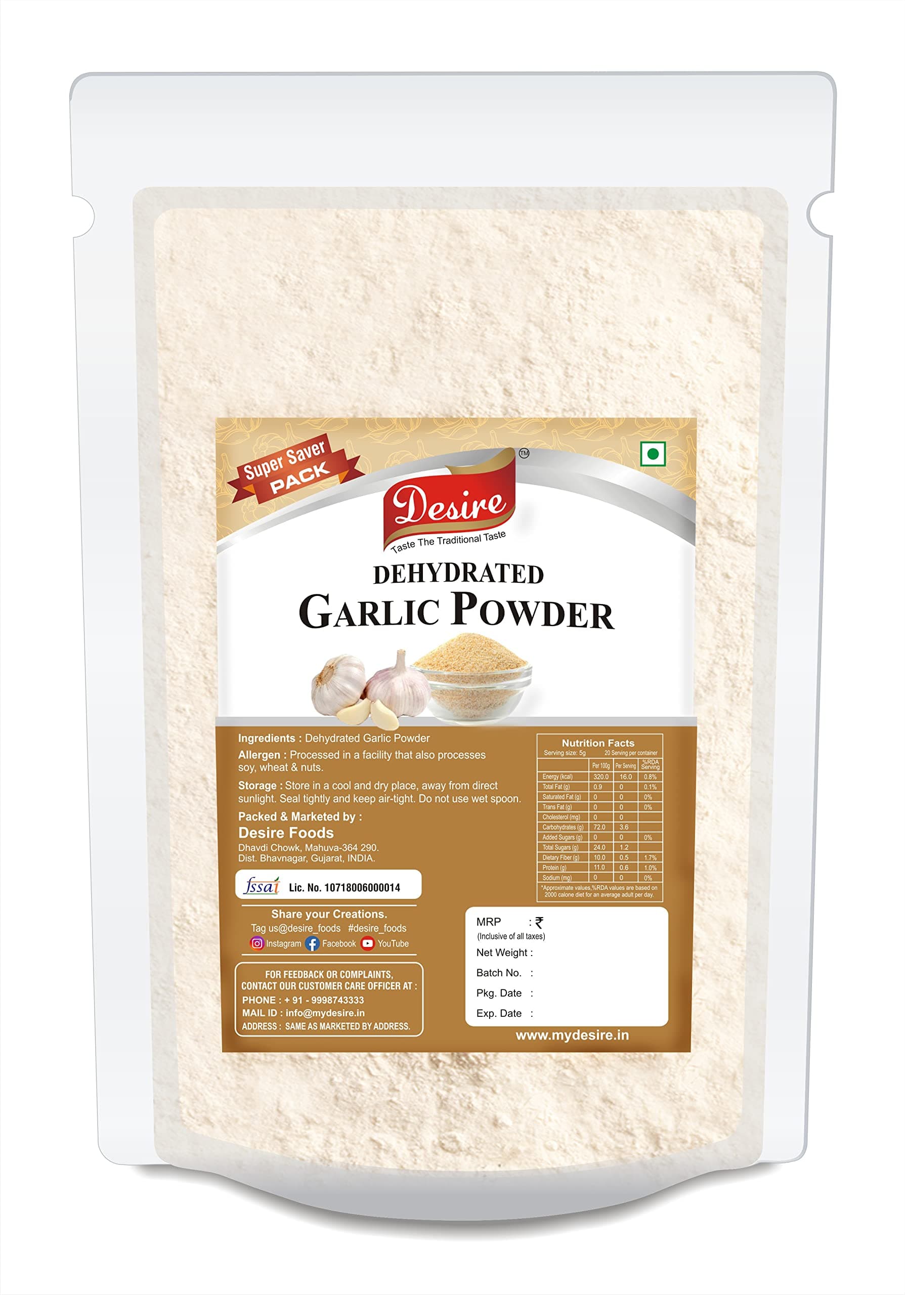 Desire Dehydrated Garlic Powder, 1kg | Premium Quality, No Additives, Ideal for Cooking, Seasoning, and Baking | Natural Flavor Enhancer