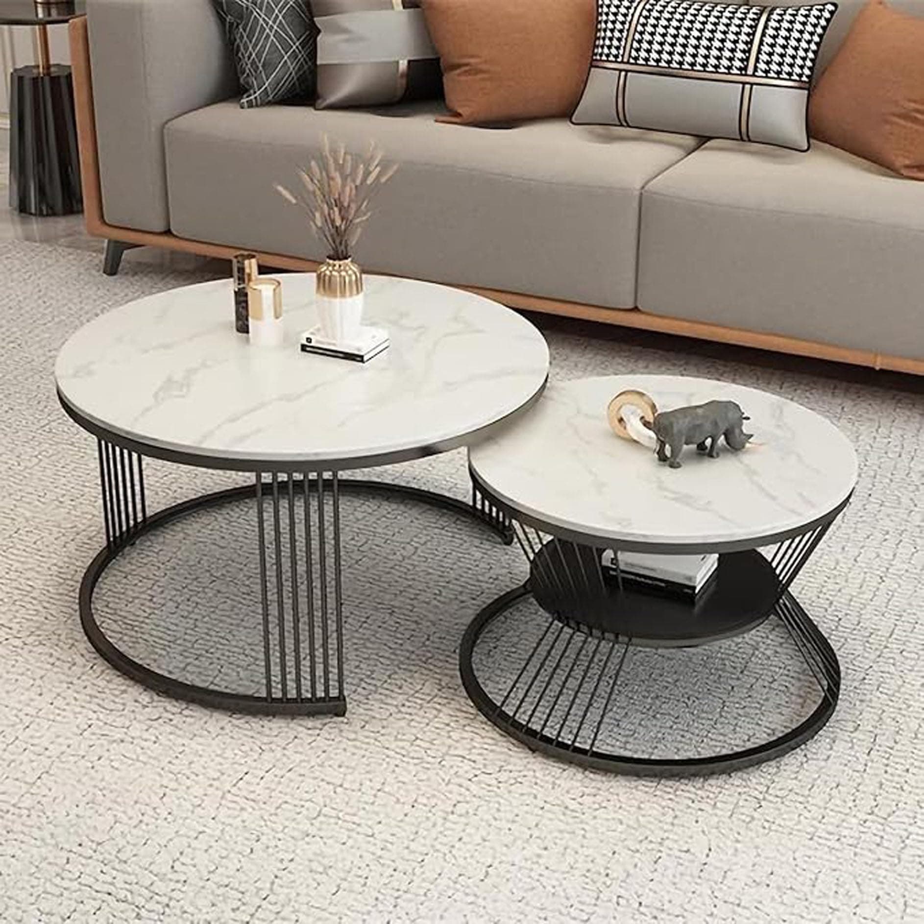 CROWN ART SHOPPEE The Round Coffee Table and The Stacking Tea Table with a Gold Metal Frame are Two Versatile Modern Center Tables that Look Great in Living Rooms (Black White)
