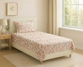 Trance Home Linen 144 Tc 100% Pure Cotton Bedsheet Single Bed with 1 Pillow Cover | Diwan Size Bed Sheets |Modern Art| Hypoallergenic (54 x 90 inch, Foliage Peach)