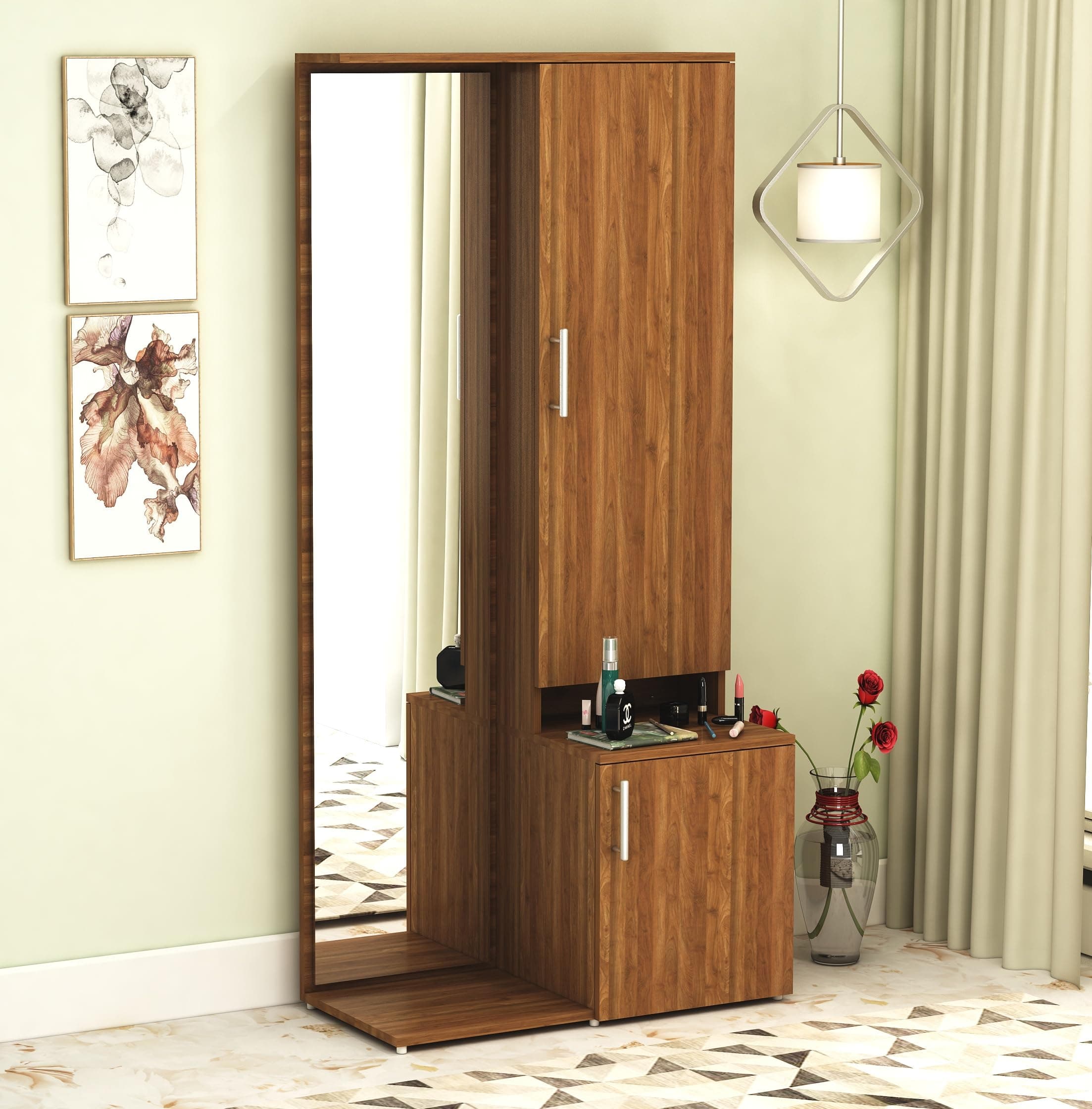 DesignFit Engineered Wood Dressing Table with Storage Wooden Dressing Table with Mirror Vanity Table for Bedroom Home Living Room (Walnut Finish)