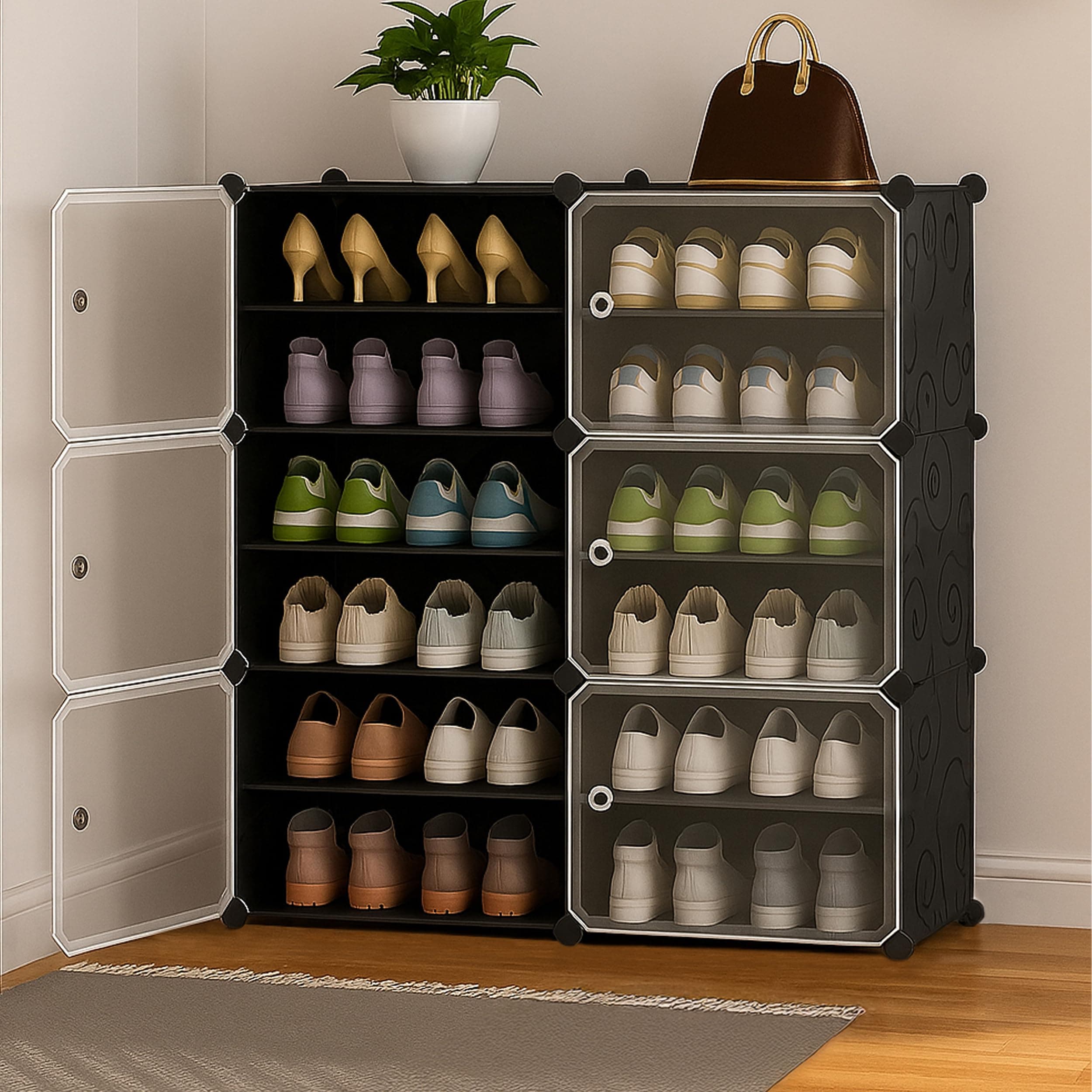 Zemic Multiuse Modular Plastic Shoe Rack for Home with Door | 𝟏𝟐 𝐒𝐡𝐞𝐥𝐟 Stackable Organizer | Waterproof & Dustproof | Space Saving Storage for Home, Bedroom & Entryway【Black, 6-Door-12-Shelf】