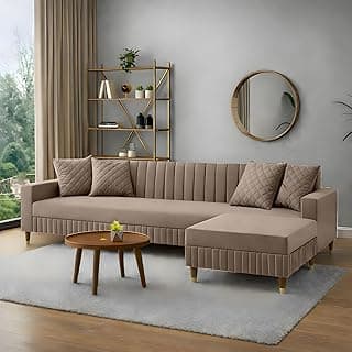 AMATA Omega Solid Wood 4 Seater L Shape Camel Suede Velvet Sofa Set with Four Cushions Perfect for Home Office Guests Living Room (03 Camel, Omega L Shape 4 SSEATER)(3 Year warrantty)