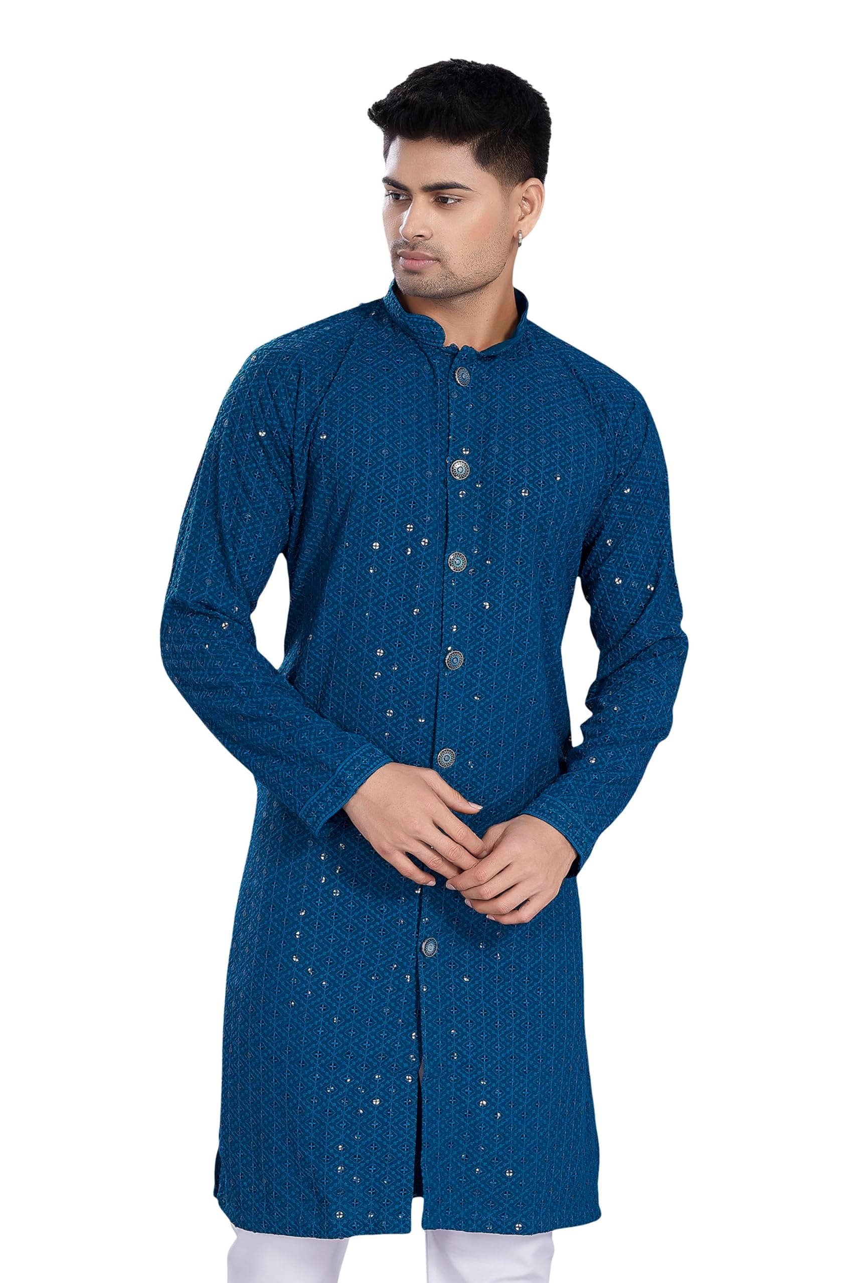 DIVISIVE Men's Sequince Embroidered Cotton Blend Semi Indo Western Only Kurta