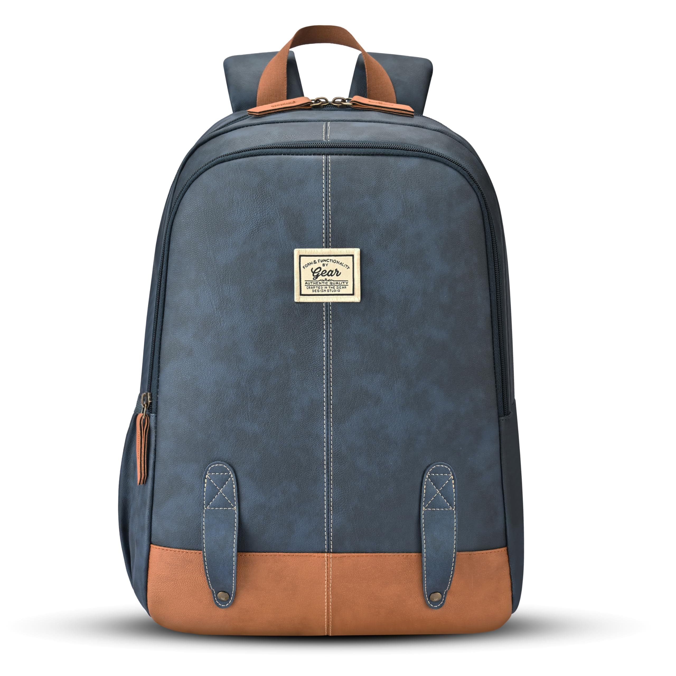 Gear Eco Classic 16"/20L Medium Water Resistant Faux Leather Daypack | Casual Backpack | Travel Bag for Men/Women (Navy - Tan)