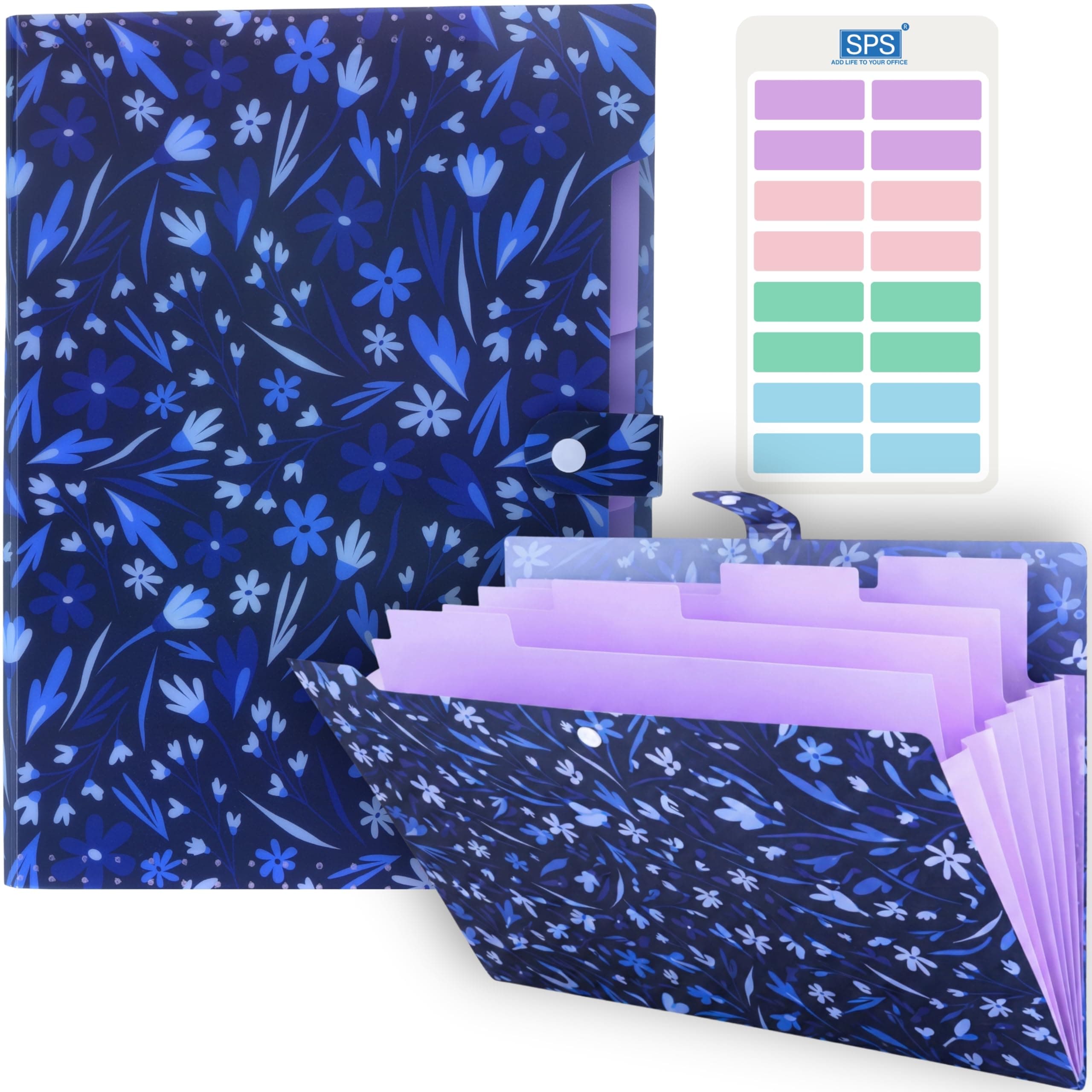 SPS 5 Pocket Expanding File Folder Aesthetic Design - Fits A4 & Letter Size Document Organizer, Accordion File Folders, File for Office, Portable File Organizer, School & Home - Midnight Blue Bloom