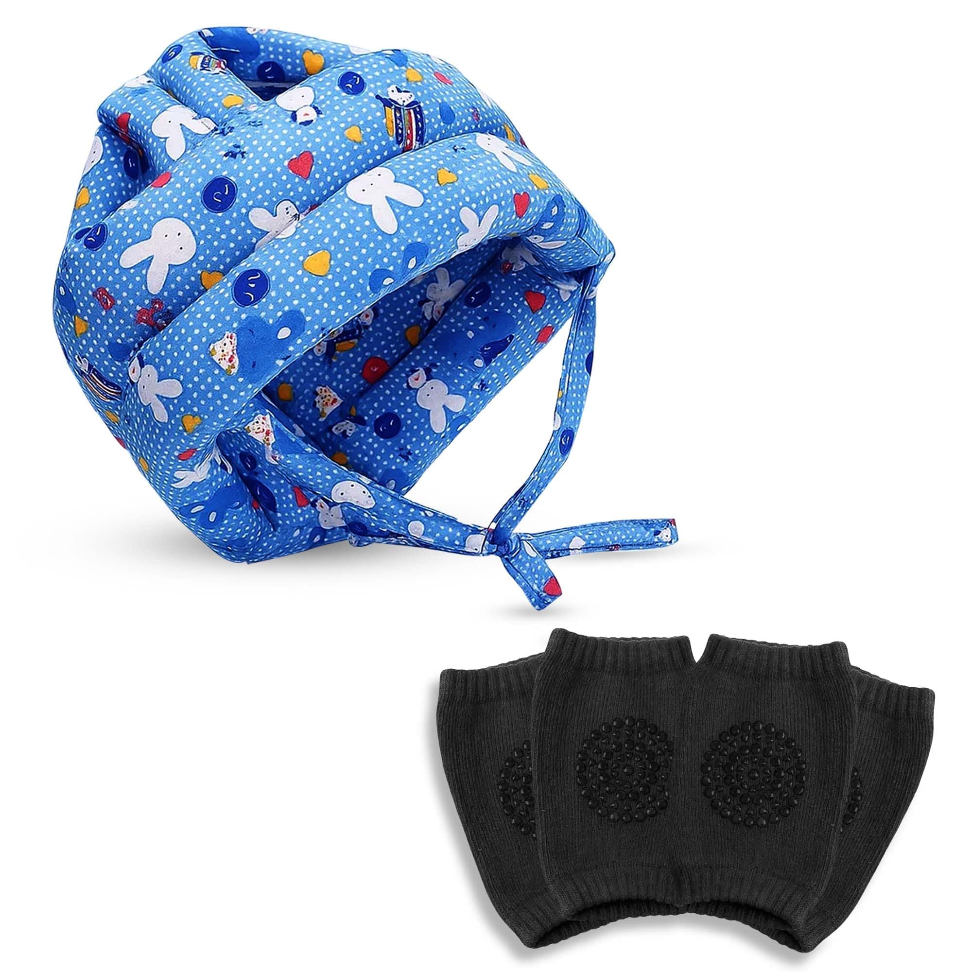 GLUN® Baby Safety Helmet 1 Piece with Baby Knee Pads 2 Set Combo, Blue & Black Colour Lightweight & Breathable Safety Accessories for Growing Babies 6-12 Months