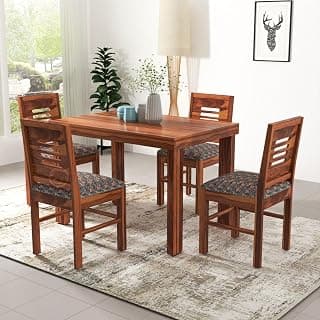 VK Furniture Sheesham Solid Wood 4 Seater Dining Table Set of Four with 4 Print Cushion Chairs for Dinner Hall Kitchen Living Room Home Office Restaurant |L45 X W30 X H30|Brown 01