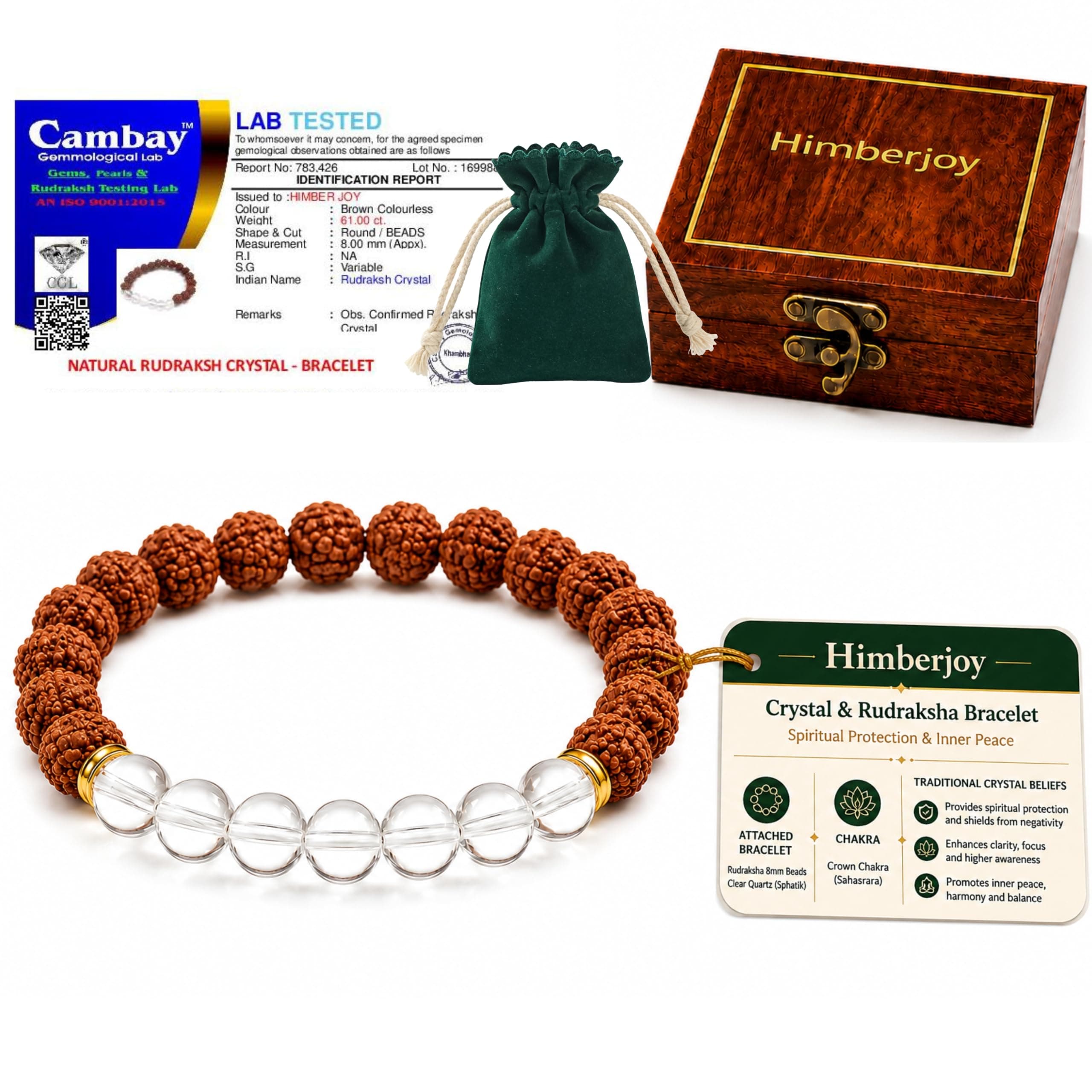 HimberJoy Rudraksha Sphatik Bracelet for Men & Women | Original Certified Clear Quartz Crystal with Natural 8mm Beads | Reiki Energized Meditation Spiritual Protection Gift | Mindfulness Daily Wear
