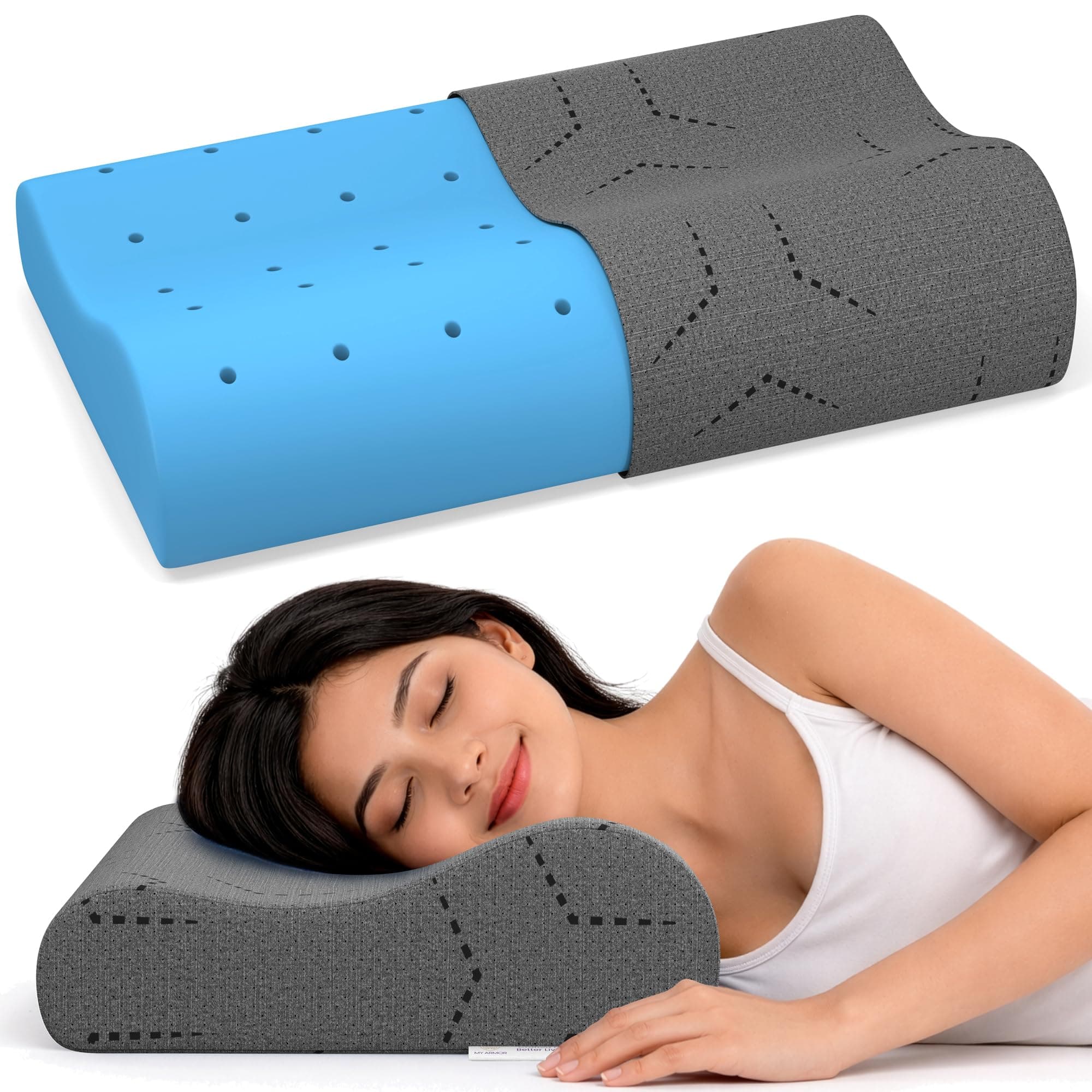 MY ARMOR Cervical Pillow for Neck Pain | 2 Years Warranty | Grey | Contour Memory Foam Pillow for Neck & Shoulder Pain, Dual Height Ergonomic Support, Regular Size -18.5x11x3.5 Inch, Pack of 1