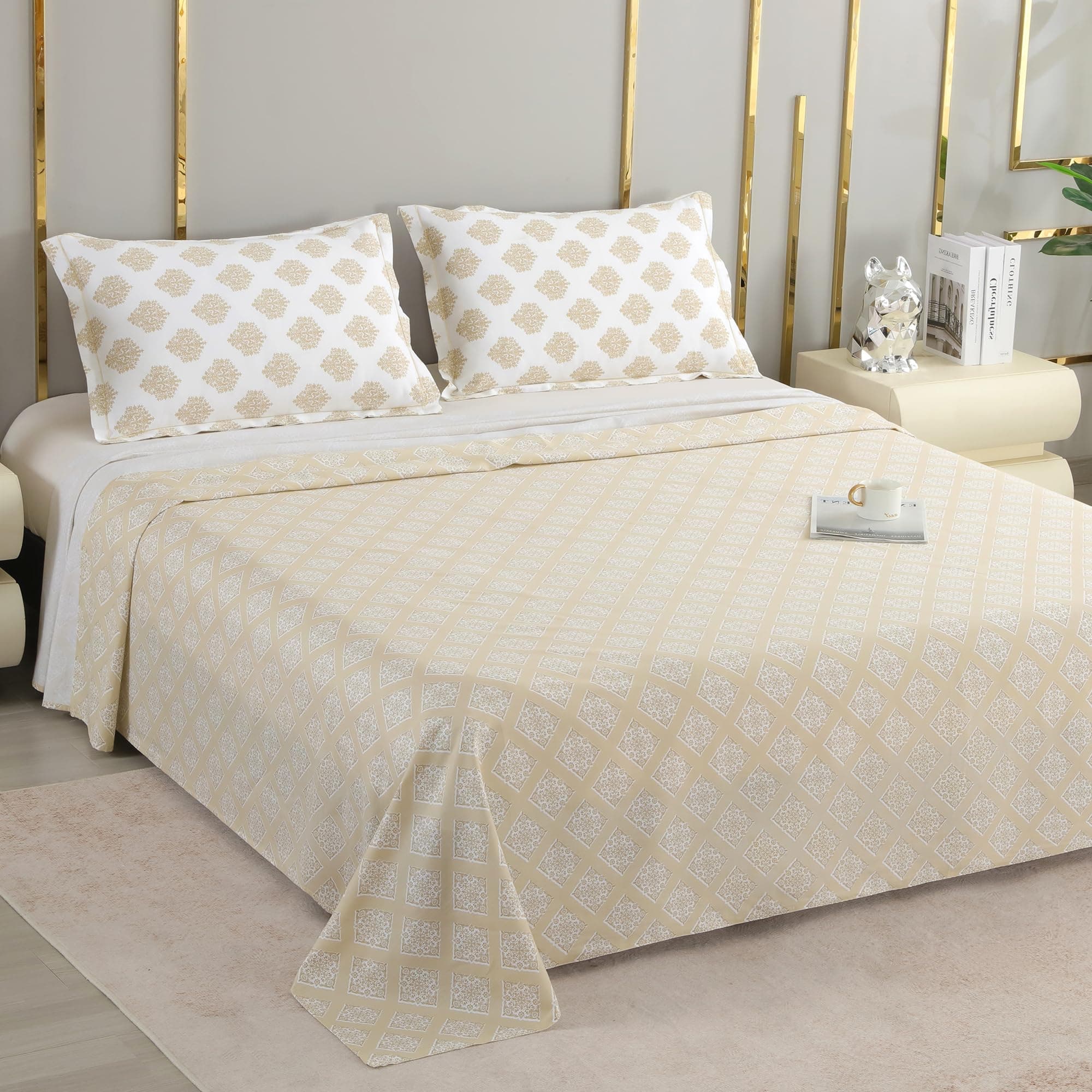 Story@Home Luxe 400 TC 100% Cotton Sateen Weave California King Size Bedsheet 108 x 108 Inches, Motif Printed Soft Flat Sheet with 2 Pillow Covers (18 x 27 Inch) - Beige & White-Gift Packaging
