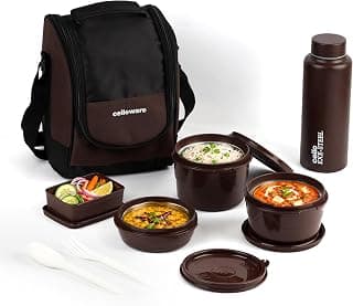 CELLO MF All In One Lunch Box with Bag for Office Use, Brown | 225ml, 375ml, 550ml Microwave Safe Containers, 175ml Salad Box, 900ml Bottle with Fork & Spoon, Airtight Leak Proof Tiffin Box for Travel