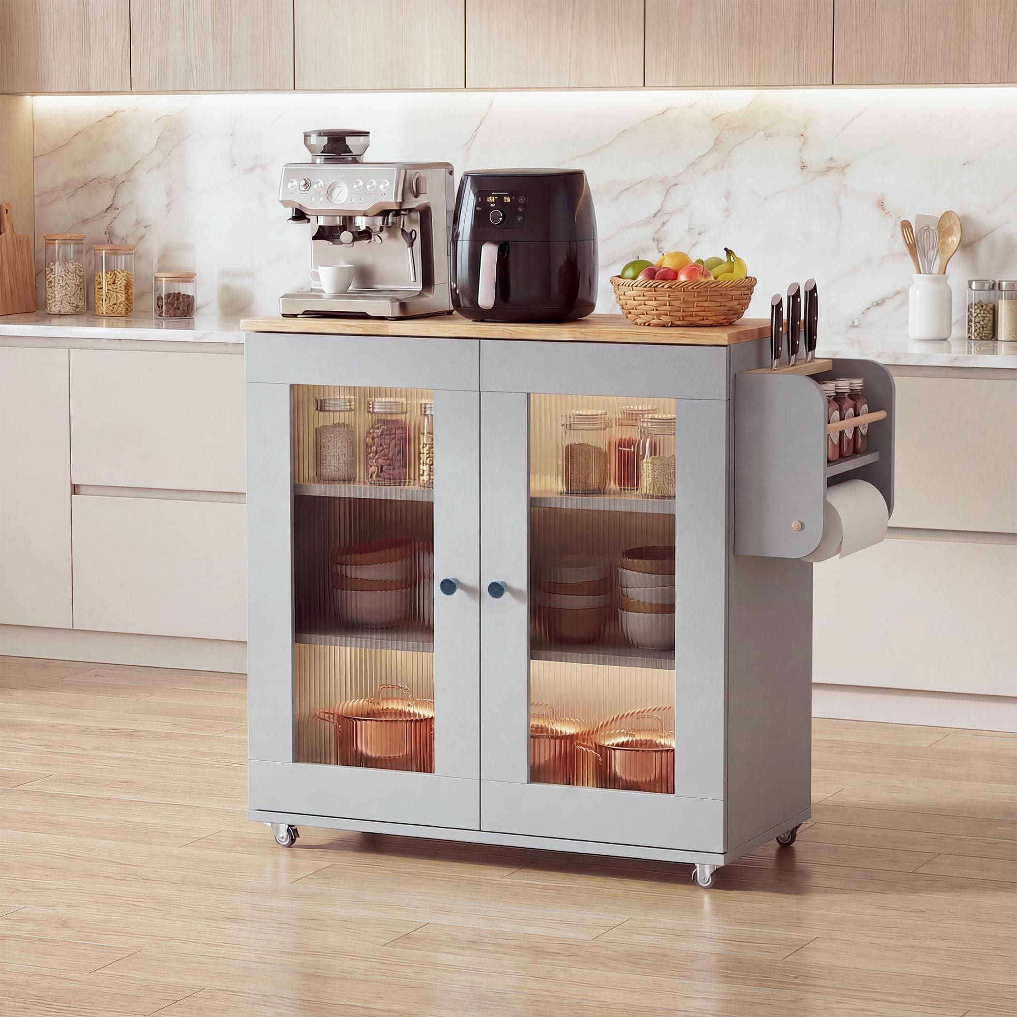 Rocco Walky Kitchen Island Storage Cabinet with Wheels, Solid Rubber Wood Top, Fluted Acrylic Doors, Built-in Power Sockets & LED Lights, Soft-Close Hinges & Side Organizer (Grey, Medium Size)