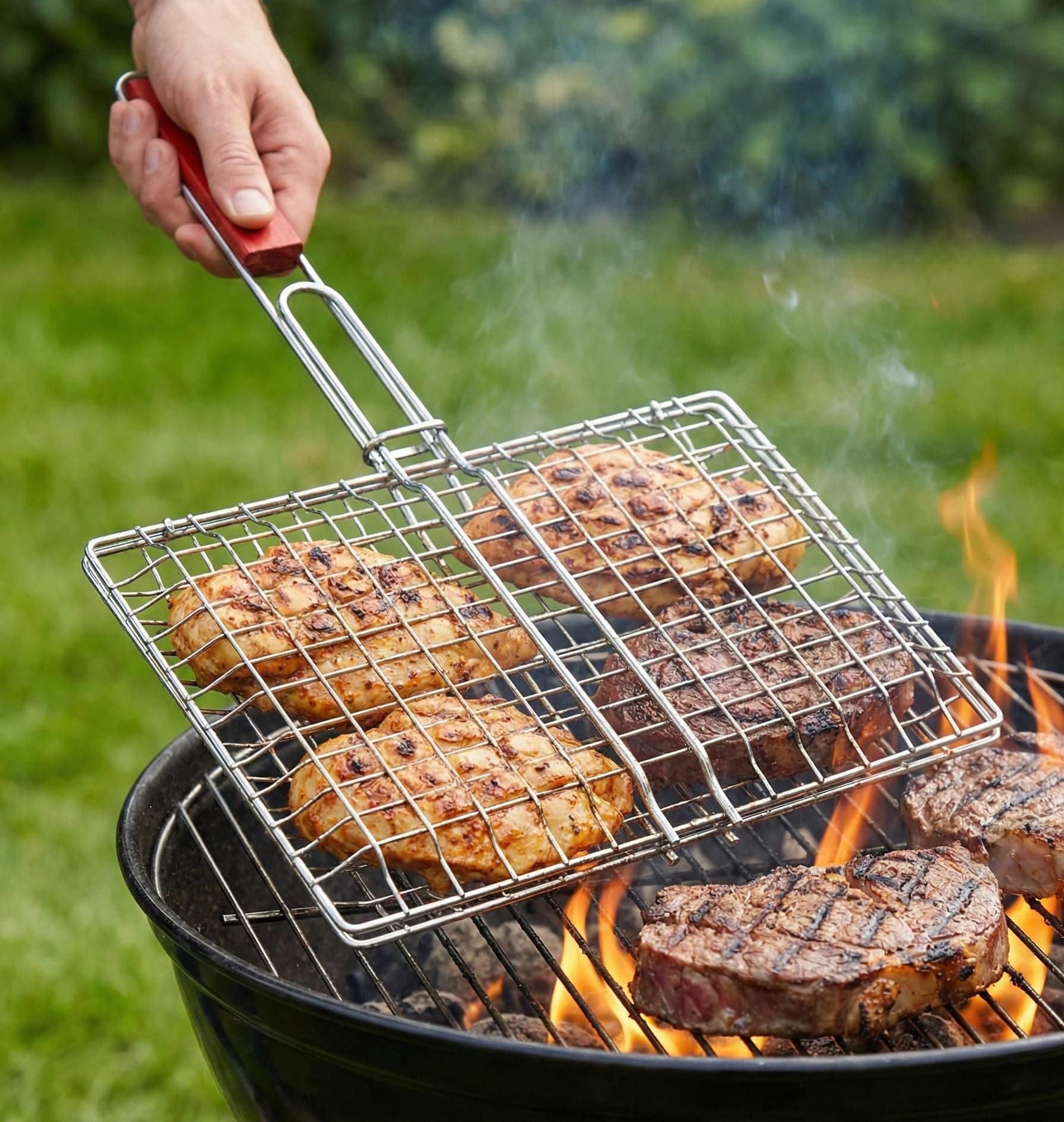 PANTH® Stainless Steel Portable Barbecue BBQ Grill Net Basket Roast Grilling Tray Plated with Wooden Handle Chromium Plated Stainless Steel Barbecue BBQ Grill Net Basket with Wooden Handle