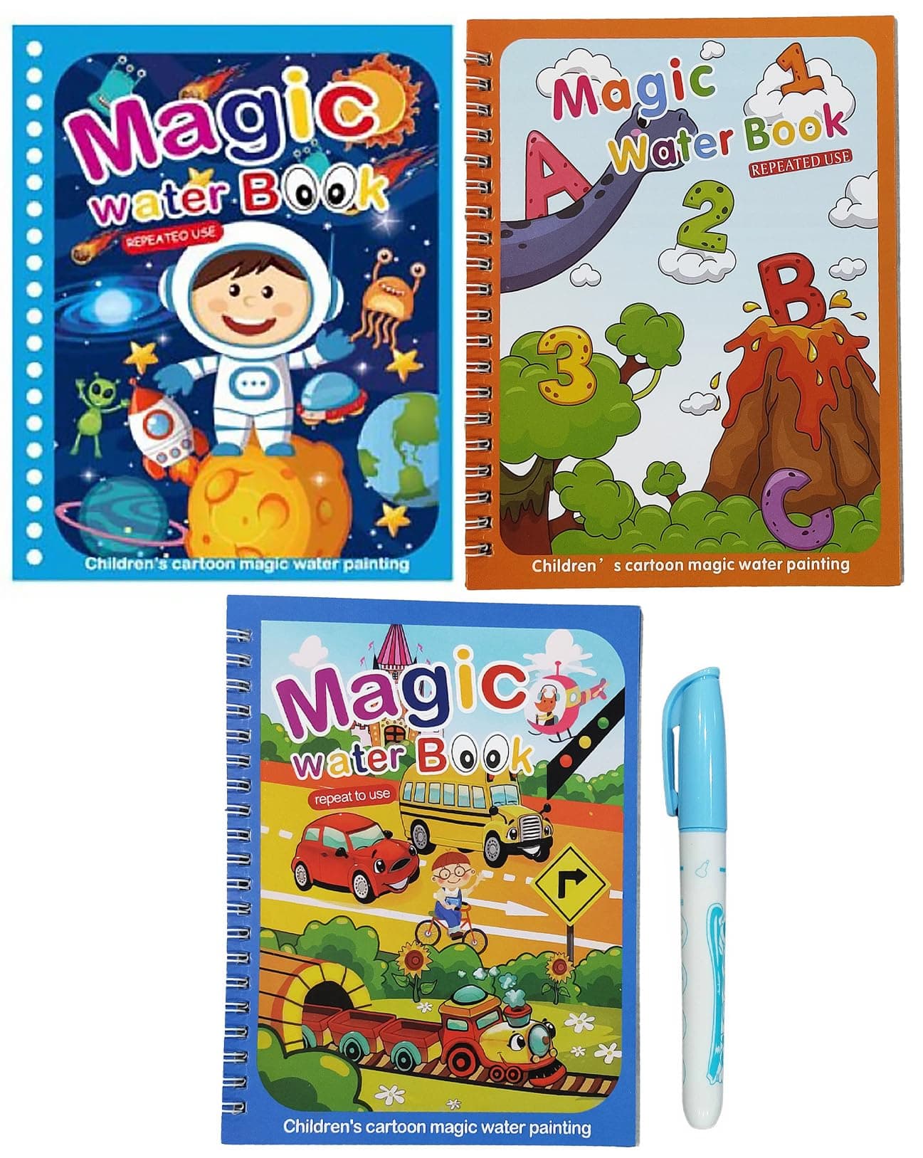 GLUN® 3 Different Water Magic Book, Pack of 3 Unicorn, Aquatic Animals and Dinosaur Theme Water Magic Book