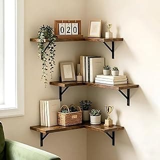 OXMIC Corner Wall Floating Shelves, Book Shelf for wall, Corner Shelf for Living Room Decor, Natural Wood MDF, Rustic Brown, Set of 3, with Metal Brackets