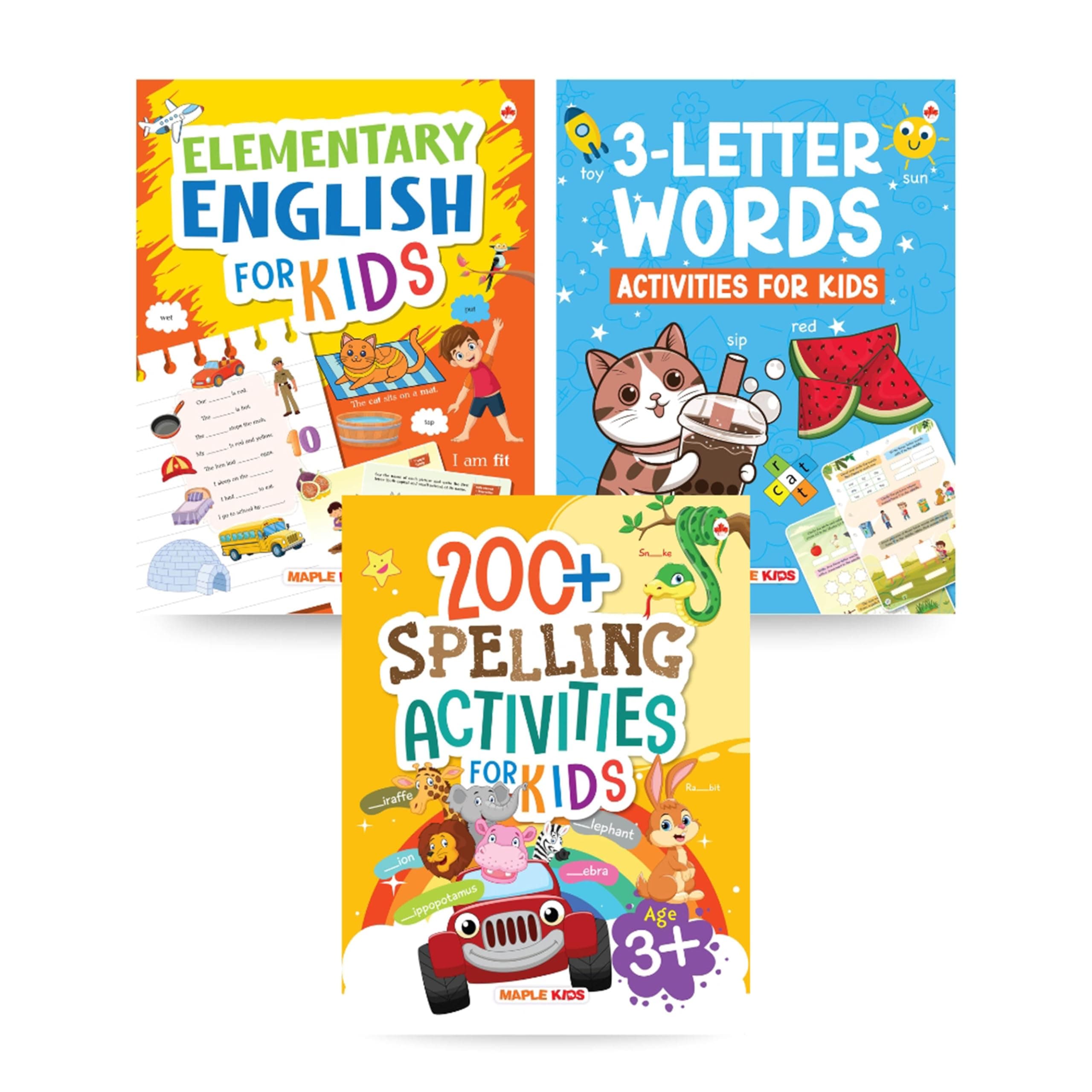 Activity Books (Set of 3 Books) - Elementary English, 3-Letter Words, Spelling Activities - Basic English Learning Book for Kids - Reading Alphabets with Pictures