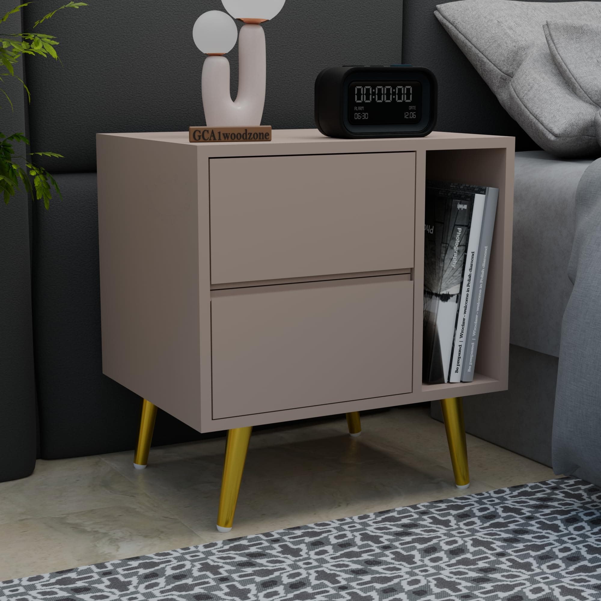 GCA1 WOODZONE Wooden Bedside Table for Bedroom | Bedside Nightstand with 2 Drawers & Open Shelf | Premium HDMR Wood with Iron Legs, Light Beige