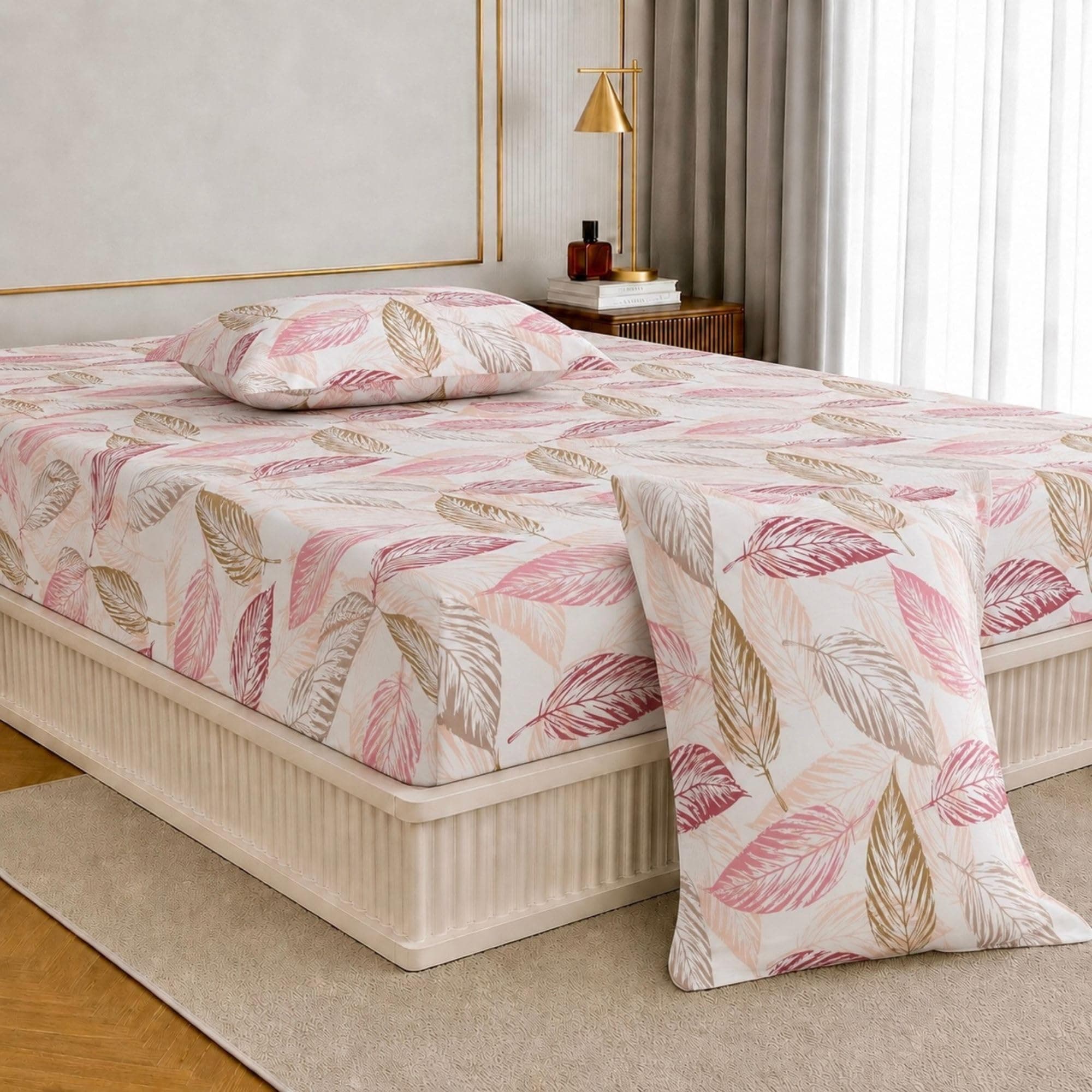Jaipur Weaves King Size Fitted Bedsheet with Elastic,100% Pure Cotton King Size Fitted Bedsheet for Double Bed with 2 Pillow Covers,240 TC,72×78 Inches up to 8-inch Mattress,Leafy Design (Light Mauve)