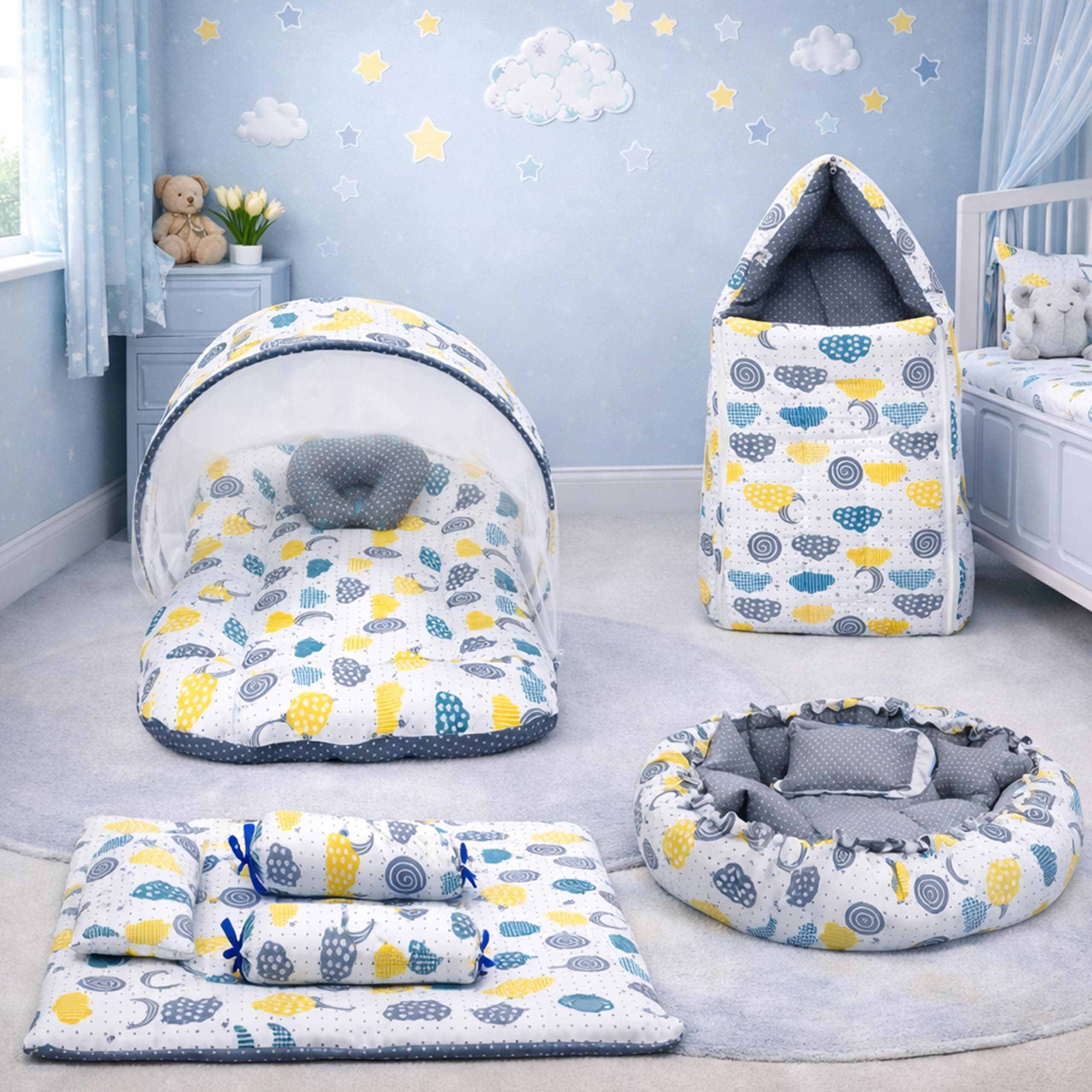 Infantbond Baby Mattress with net | Baby Carry Bag | 4 Pcs Bedding Set | Baby Nest (0-6 Months) Grey Sprial (Full Set Nest)