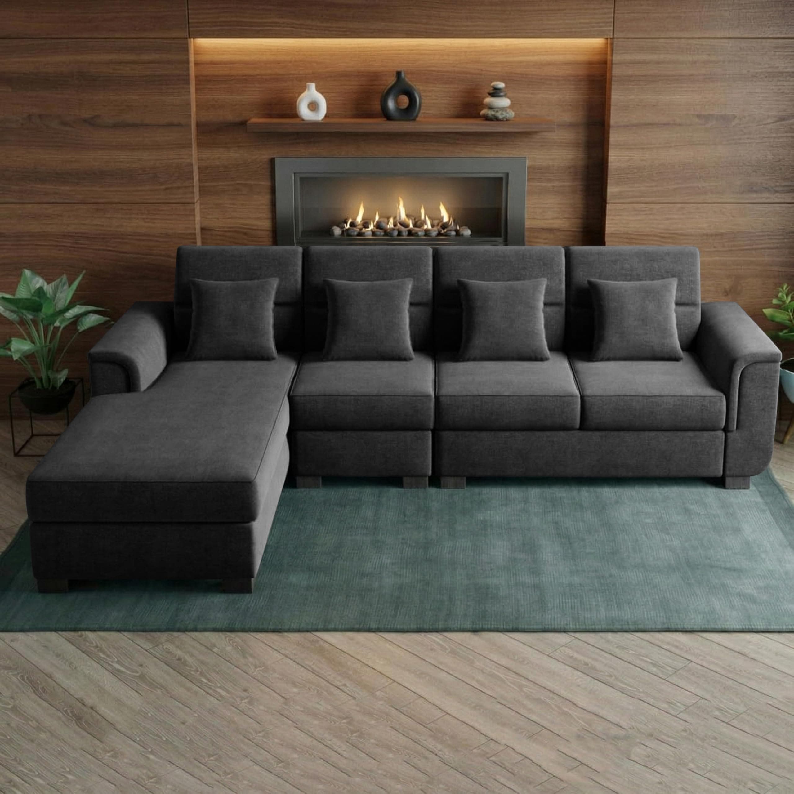 VANSH FURNITURE Wood 6 Seater Sofa Set | Velvet Fabric Upholstery | Modern Wooden Frame Sectional Couch with Cushions for Living Room, Home & Office (Black)