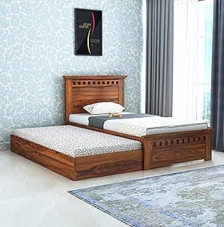 Ganpati Arts Sheesham Wood Armania Single Size Trundle Bed with 1 Extra Pullout Bed for Bedroom Living Room Hostel Home (Natural Finish)