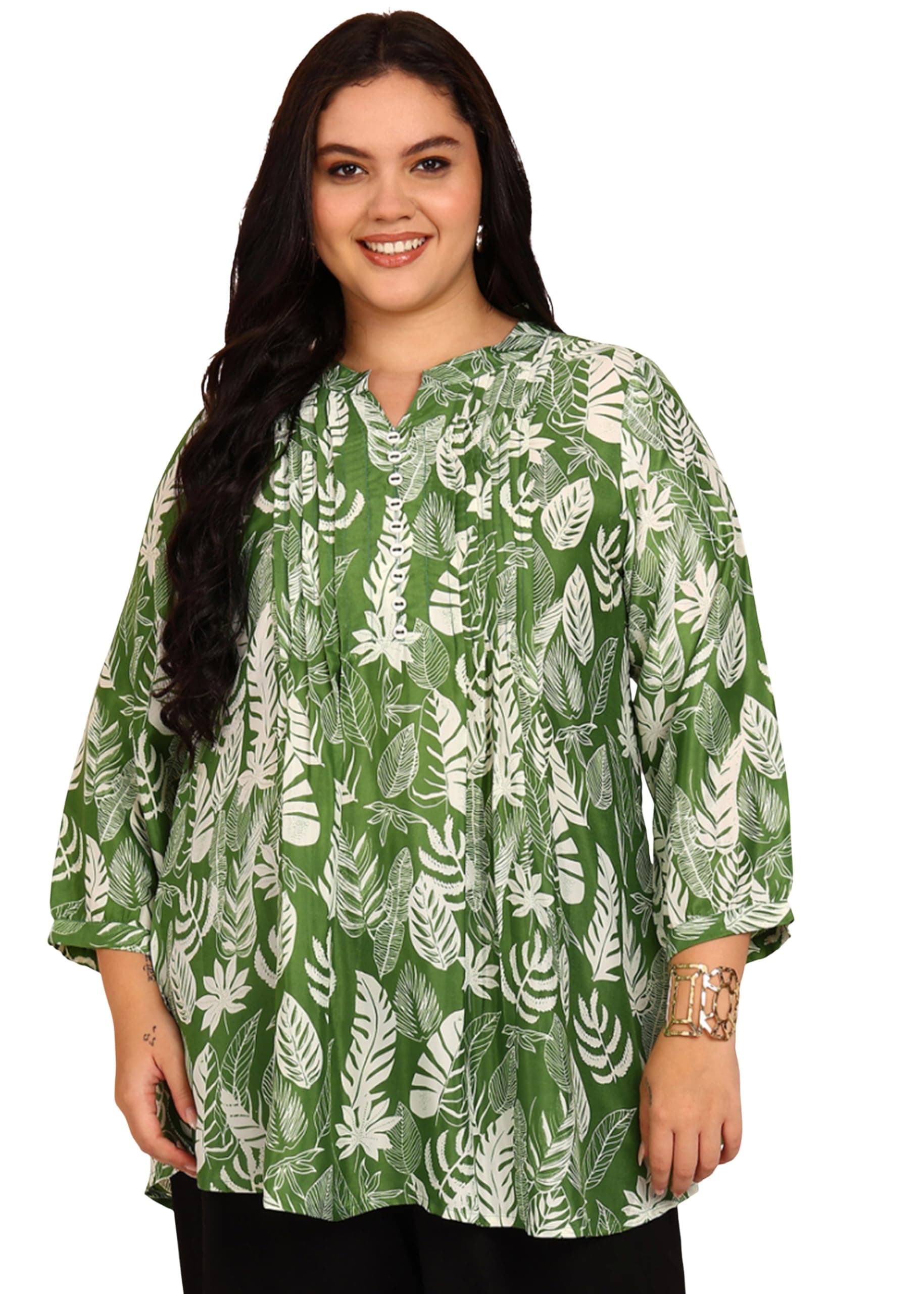 Yash Gallery Women’s Wrinkle Free Printed Short Kurti Mandarin Collar with Pintuck Pleats 3/4th Sleeve