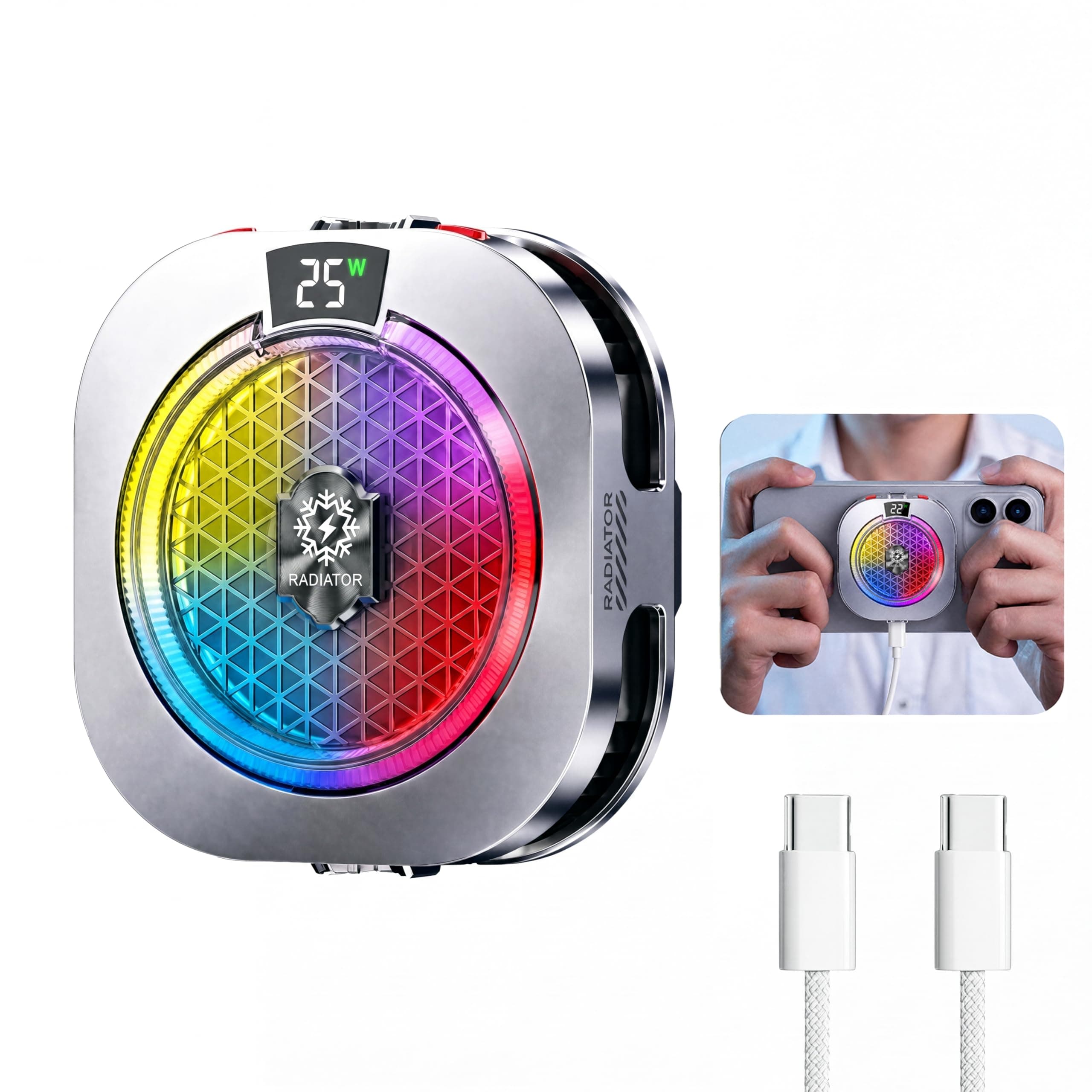 MOBILIFE Phone Cooler for Gaming, 25W Magnetic Mobile Cooler for Phone with 5 Cooling Modes, Temprature & Power LCD Display,1/4" Screw Hole, RGB Lights, Semiconductor Instant Cooler for Phones