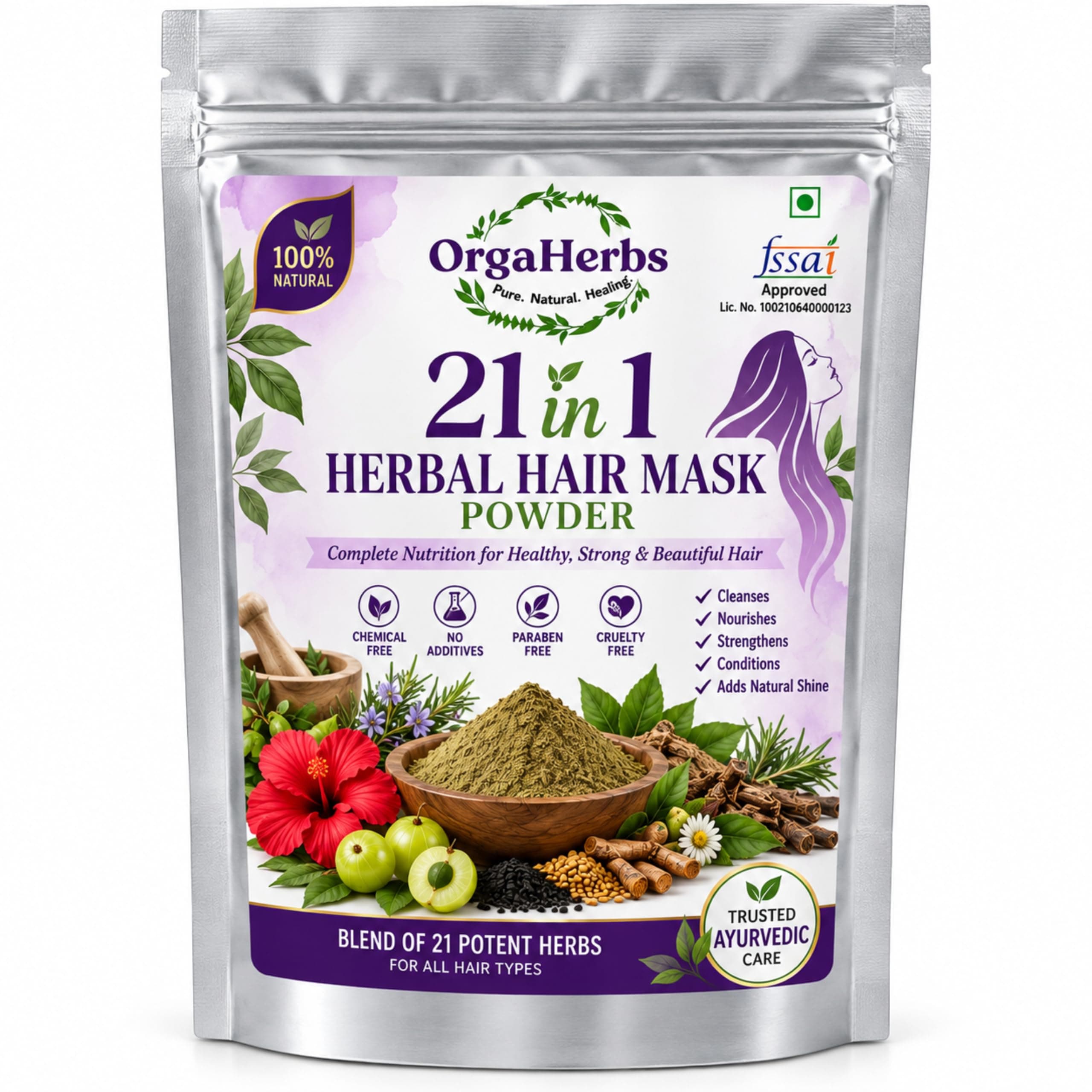 OrgaHerbs 21 in 1 Herbal Hair Mask Powder for Hair & Scalp Care, 250g | Enrich with Amla, Bhringraj, Brahmi, Shikakai, Reetha, Hibiscus, Methi Dana, Aloe Vera, Neem & Curry Leaves Etc