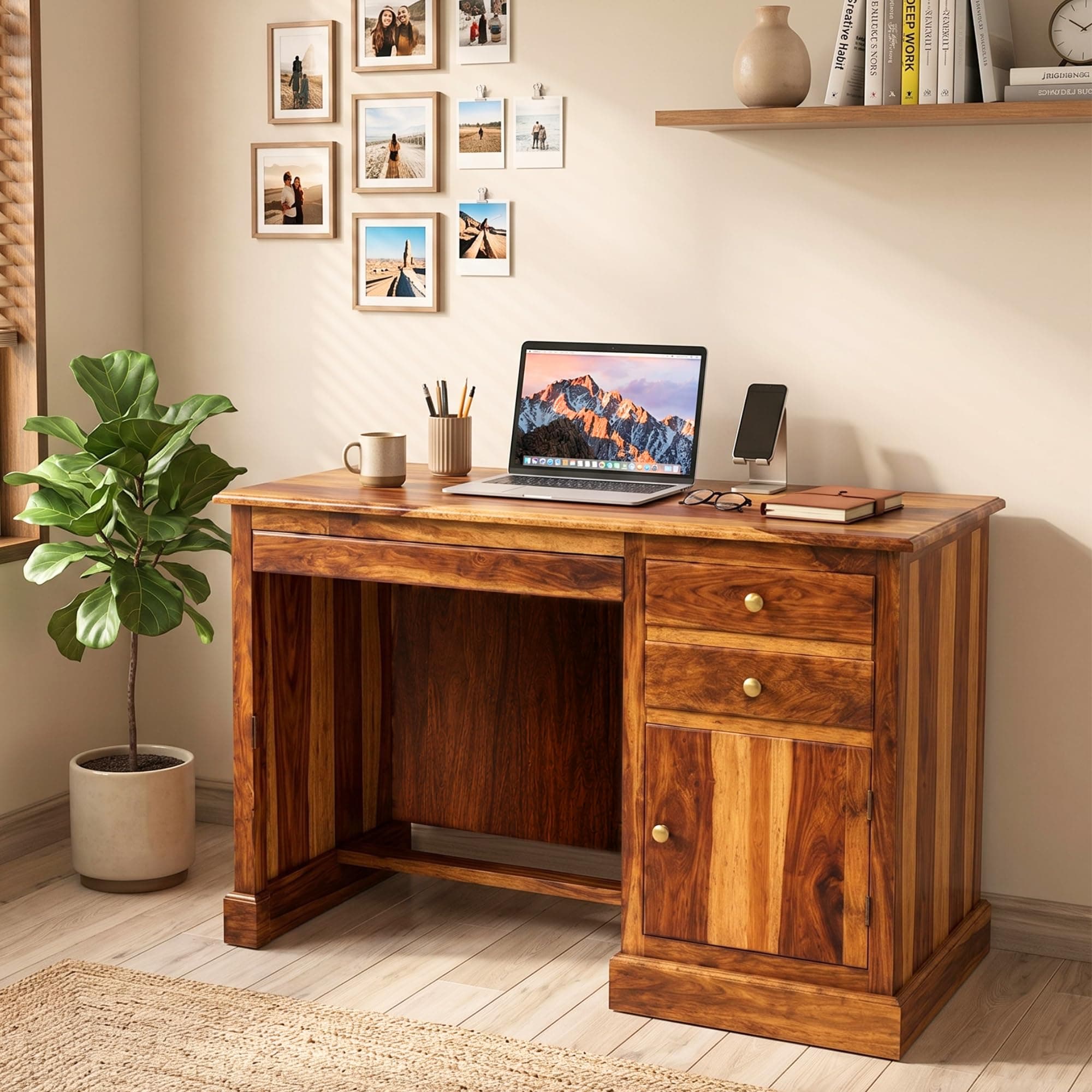 SONA ART & CRAFTS Carmel Solid Sheesham Wooden Study Table for Students Desk with 2 Drawers & 1 Cabinets Study Desk Table Office Table for Work from Home Writing Office Desk (Natural Finish)