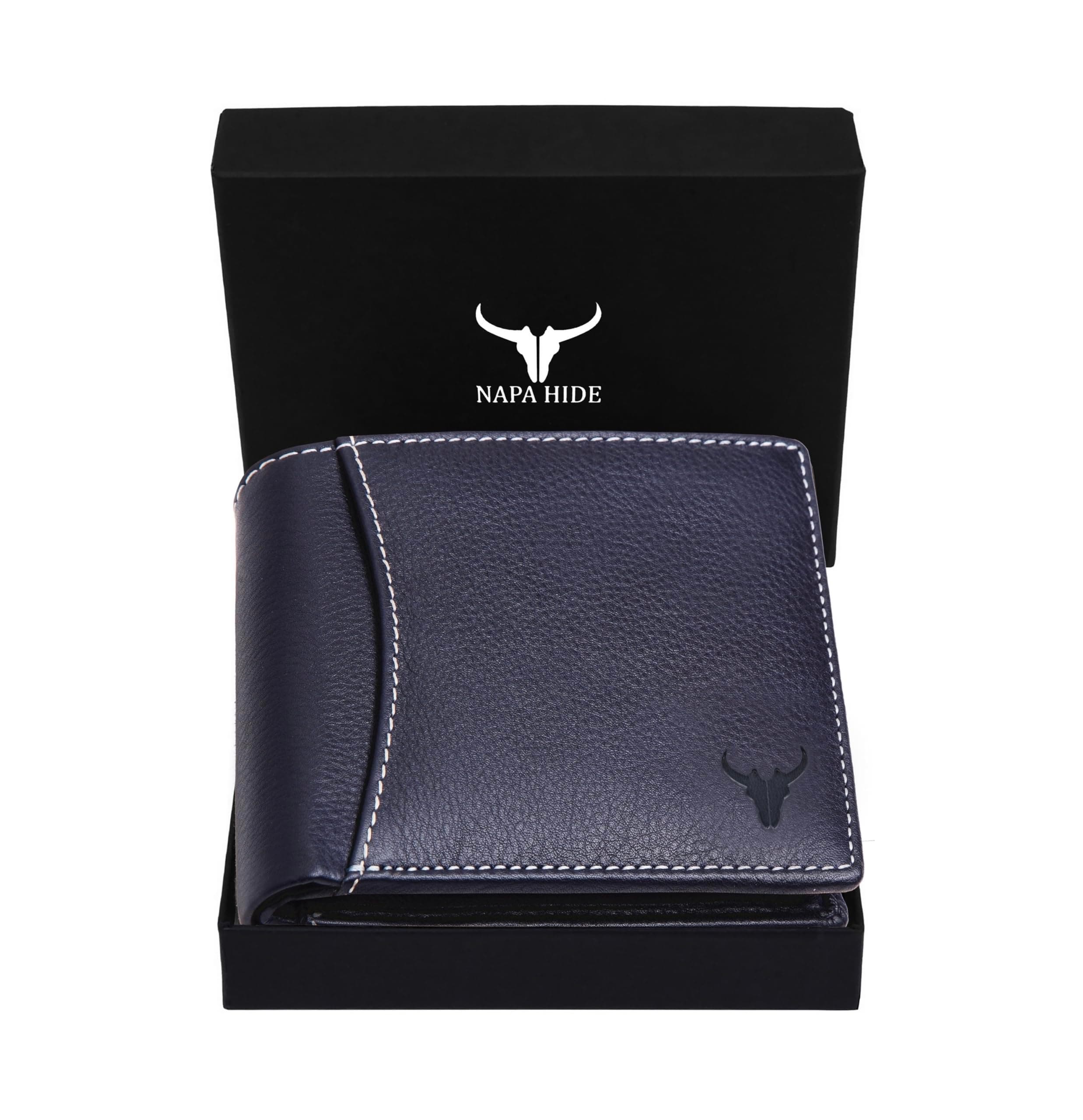 NAPA HIDE Blue Leather Wallet for Men I 6 Credit/Debit Card Slots I 2 Currency Compartments I 1 ID Window I 2 Secret Compartments I 1 Coin & Zip Pocket