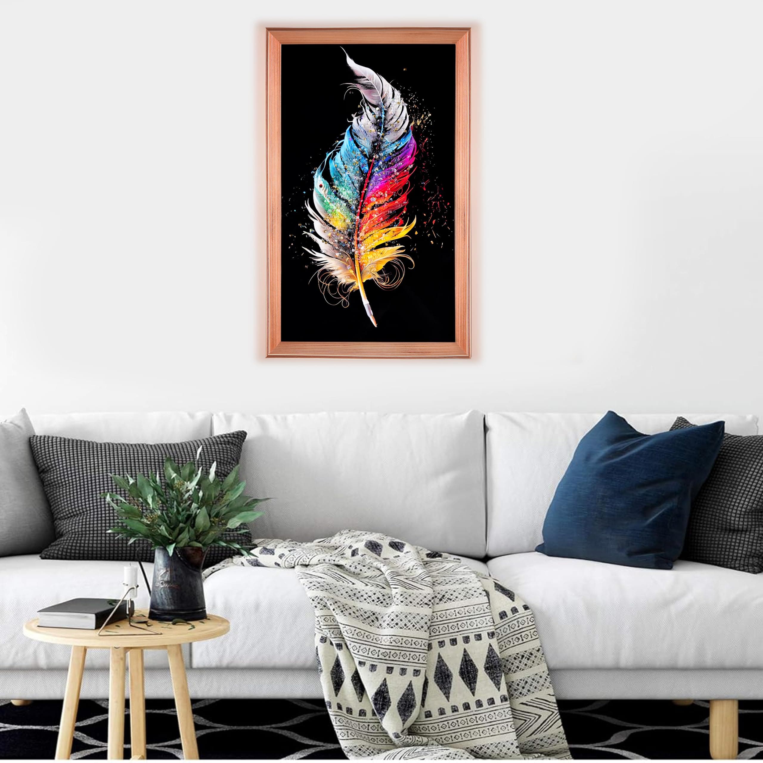 Amazon Brand - Umi Framed Wall Painting, Colourful Feather Design with Crystal Diamonds For Wall Decoration Esthetic Wall Hanging Painting For Living Room Bedroom Housewarming Gift Office - 30x50cm