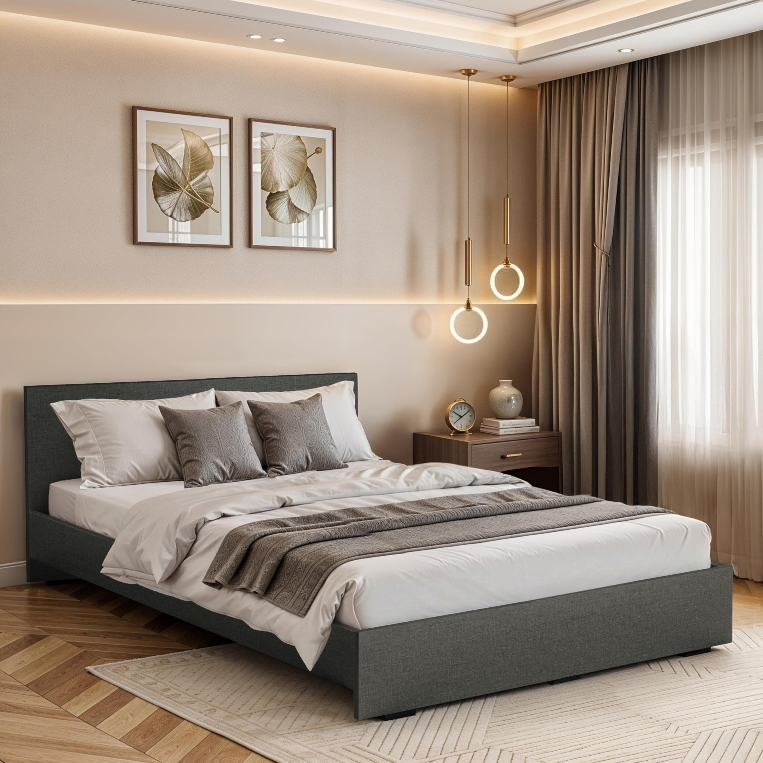 ABOUT SPACE Bed - (80 x 62 inches) Queen Size Bed Without Storage | Engineered Wooden Bed Frame with Airflow &MDF Support Board for Mattress | 1-Year Warranty Cot for Bedroom - Brila Weave(Linen Grey)