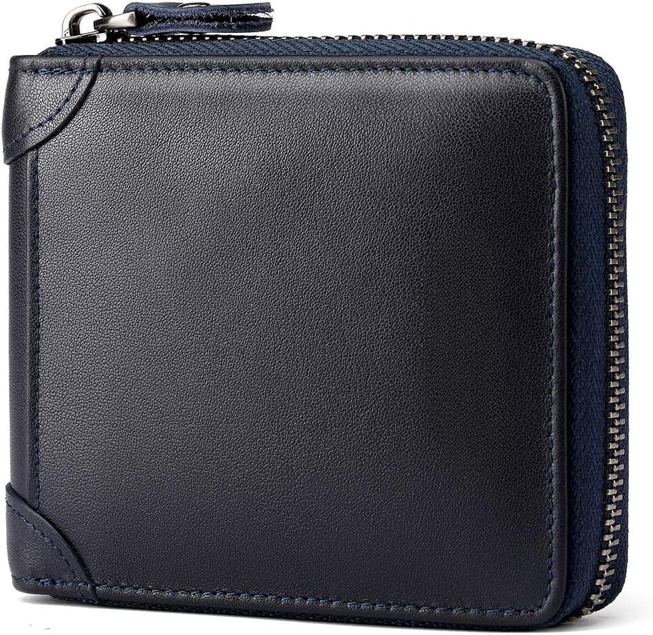 Contacts Mens Genuine Leather Zipper Wallet RFID Secure Large Capacity Double Fold Multi-Card Leather Wallets for Men and Coin Purse (Blue)