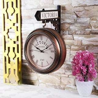 Golden Plastic Wooden Pattern Replica Dual Side Victoria Station Analog Wall Clock Hanging Style Platform Railway Clock Home Decor (Copper) (Length 33 cm, Width 10 cm)